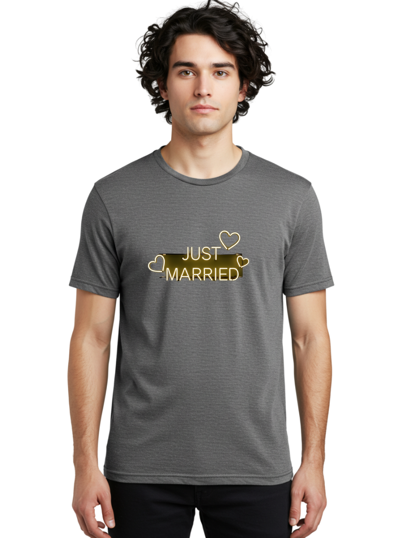 Just-Married-11 Men'S Graphic Tee, 100% Cotton, Comfortable Casual Summer Wear, Machine Washable, Just Married, Neon Sign, Heart Shaped Lights, Wedding Decor, Love Symbol, Romantic Ambiance, Glowing Hearts, Wedding Celebration, Marriage Bliss, Baa885