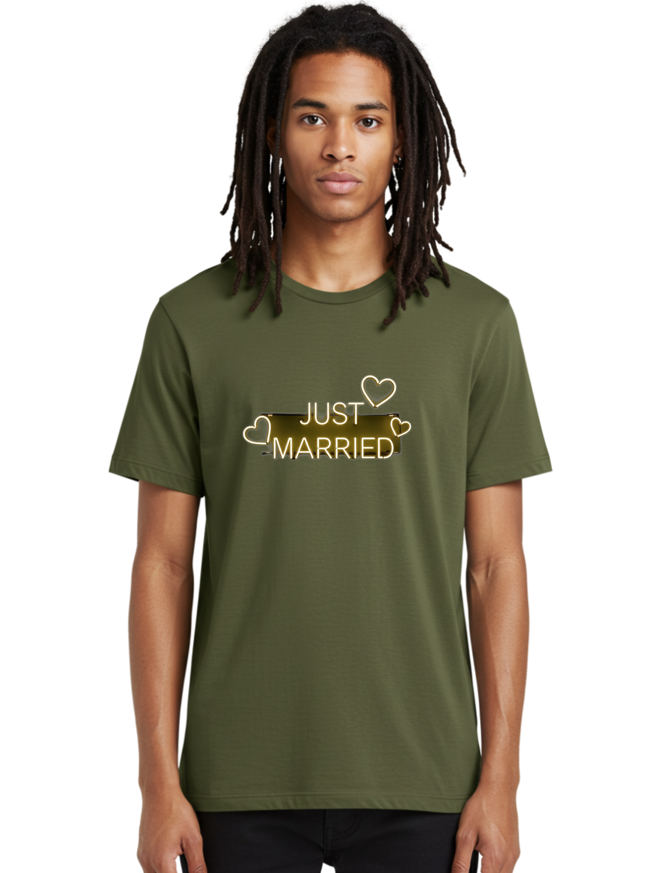Just-Married-11 Men'S Graphic Tee, 100% Cotton, Comfortable Casual Summer Wear, Machine Washable, Just Married, Neon Sign, Heart Shaped Lights, Wedding Decor, Love Symbol, Romantic Ambiance, Glowing Hearts, Wedding Celebration, Marriage Bliss, Baa885