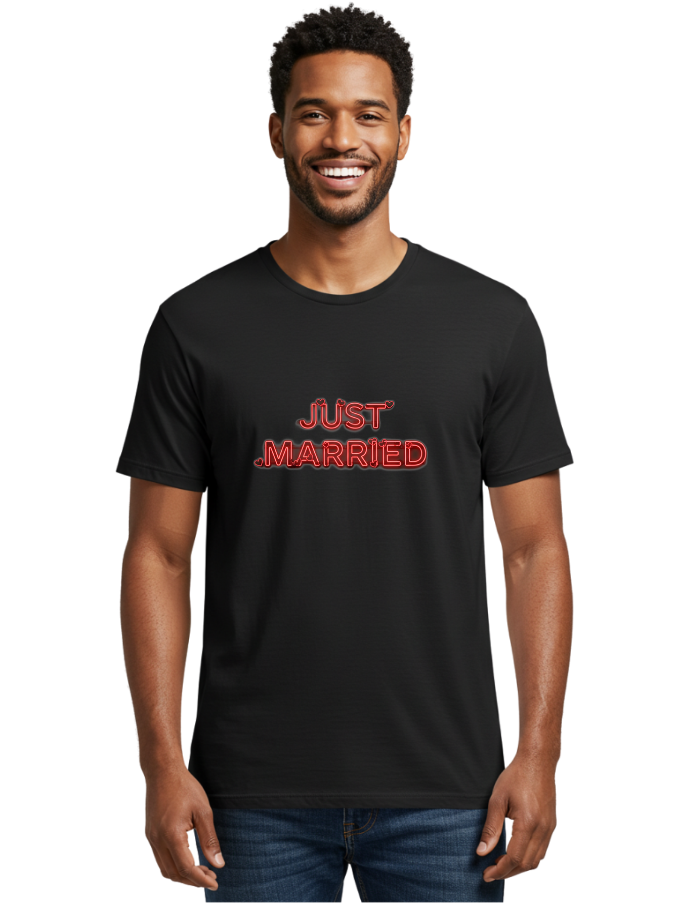 Just-Married-2 Men'S Graphic Tee, 100% Cotton, Comfortable Casual Summer Wear, Machine Washable, Wedding Decoration, Marriage Celebration, Newlyweds, Love Is In The Air, Red Neon Sign, Just Married Sign, Romance, Valentine'S Day Gift Baa886