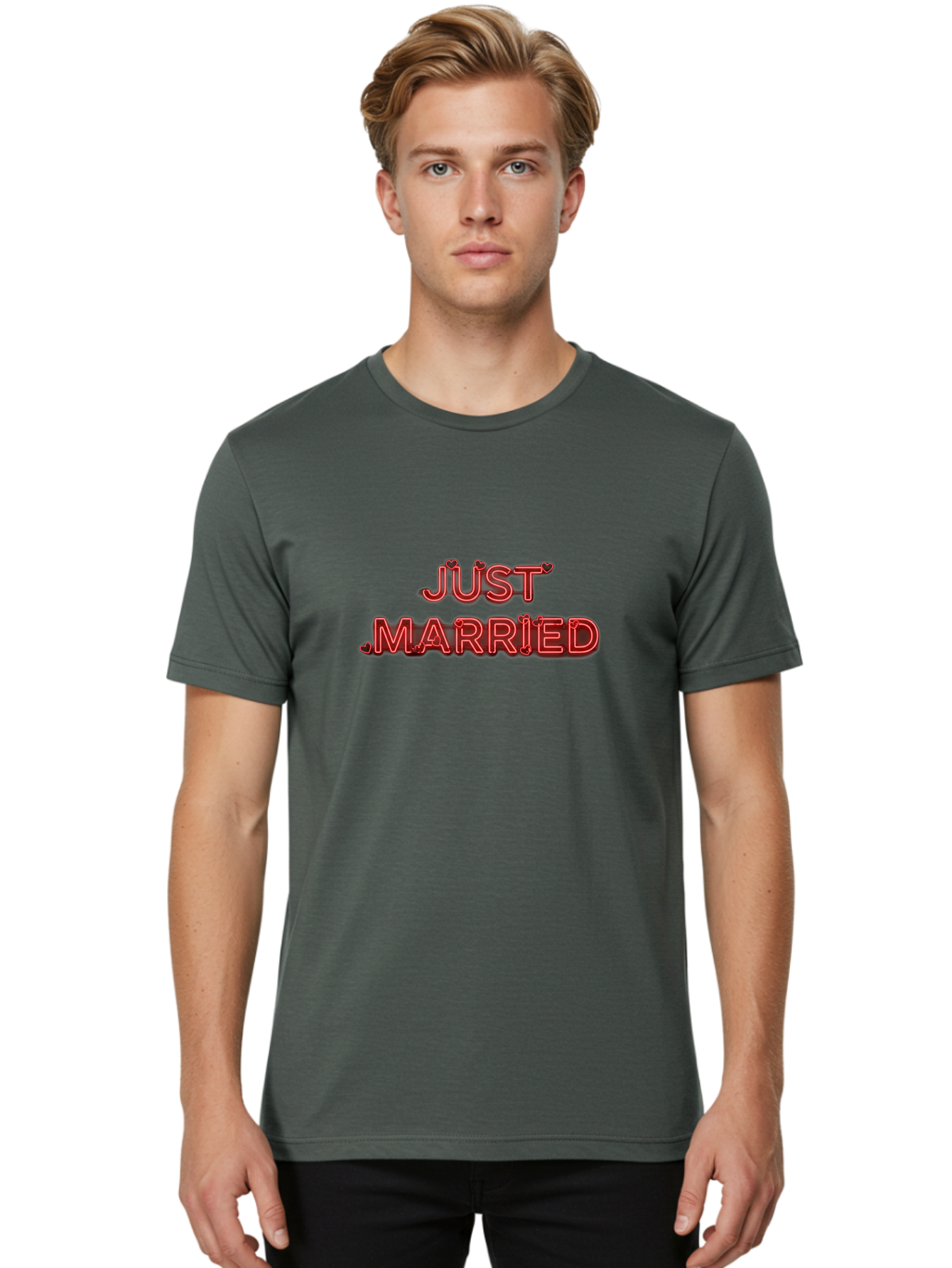 Just-Married-2 Men'S Graphic Tee, 100% Cotton, Comfortable Casual Summer Wear, Machine Washable, Wedding Decoration, Marriage Celebration, Newlyweds, Love Is In The Air, Red Neon Sign, Just Married Sign, Romance, Valentine'S Day Gift Baa886