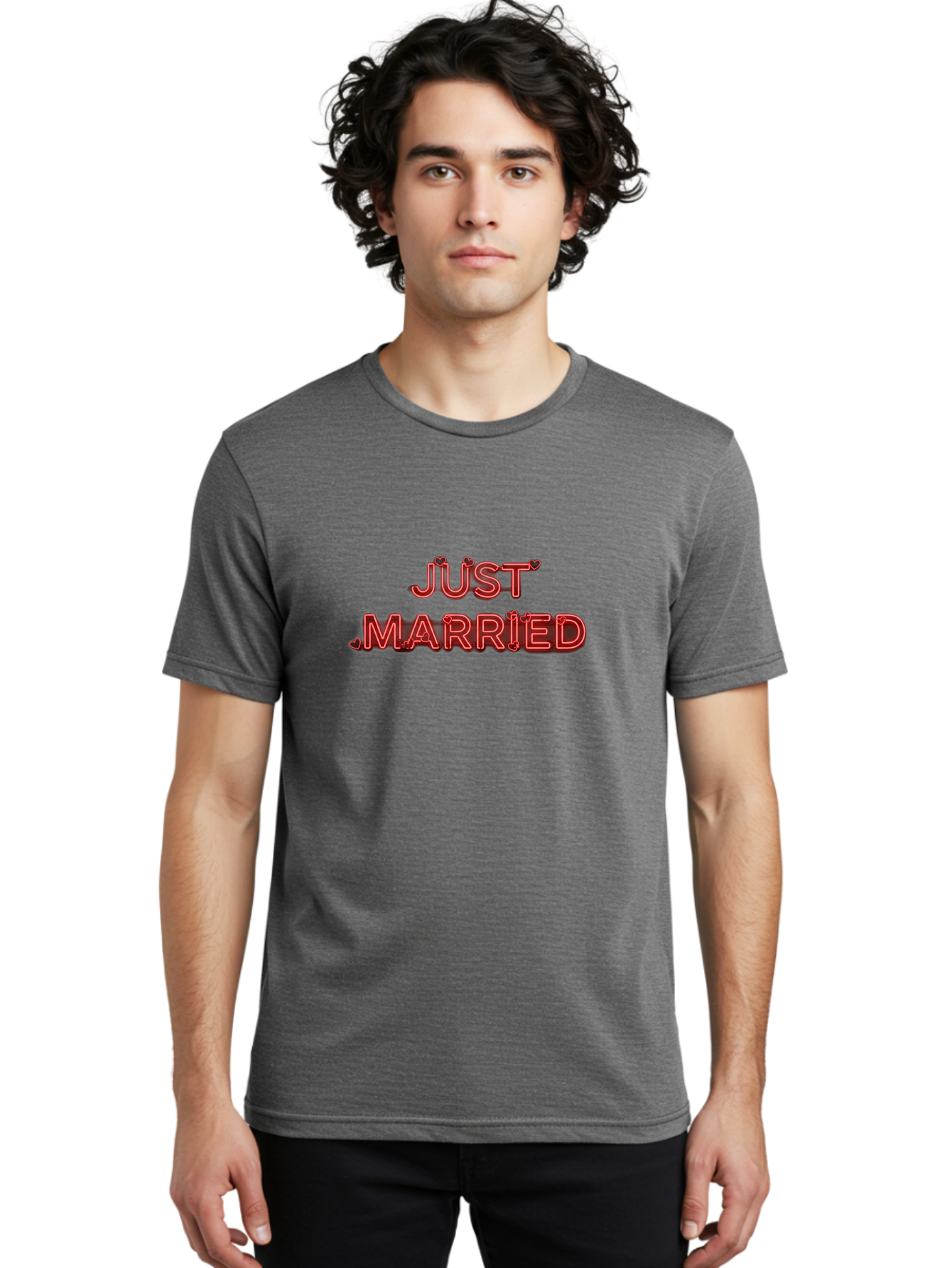 Just-Married-2 Men'S Graphic Tee, 100% Cotton, Comfortable Casual Summer Wear, Machine Washable, Wedding Decoration, Marriage Celebration, Newlyweds, Love Is In The Air, Red Neon Sign, Just Married Sign, Romance, Valentine'S Day Gift Baa886
