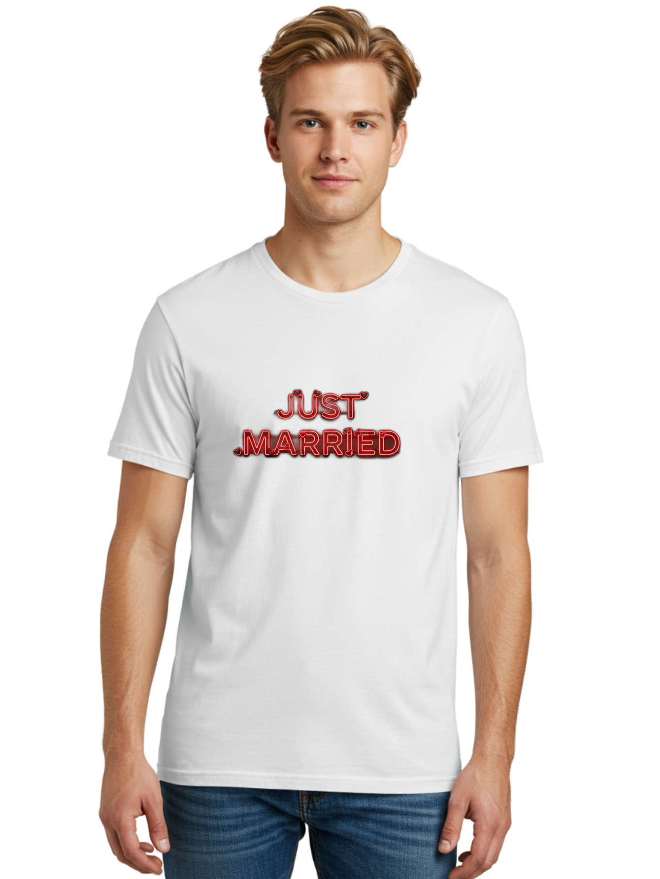 Just-Married-2 Men'S Graphic Tee, 100% Cotton, Comfortable Casual Summer Wear, Machine Washable, Wedding Decoration, Marriage Celebration, Newlyweds, Love Is In The Air, Red Neon Sign, Just Married Sign, Romance, Valentine'S Day Gift Baa886