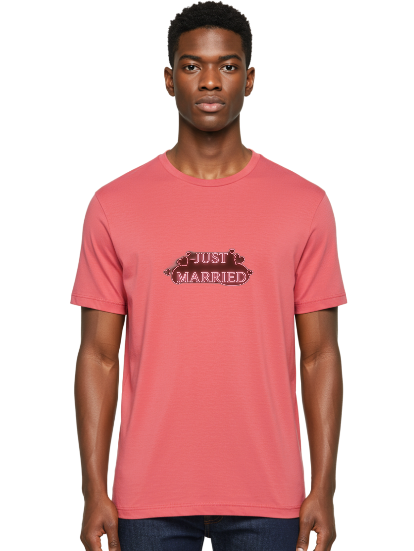 Just-Married-3 Men'S Graphic Tee, 100% Cotton, Comfortable Casual Summer Wear, Machine Washable, Just Married Sign, Wedding Decor, Love Hearts, Pink Neon Lights, Marriage Celebration, Wedding Decoration Ideas, Happy Couple, Baa887
