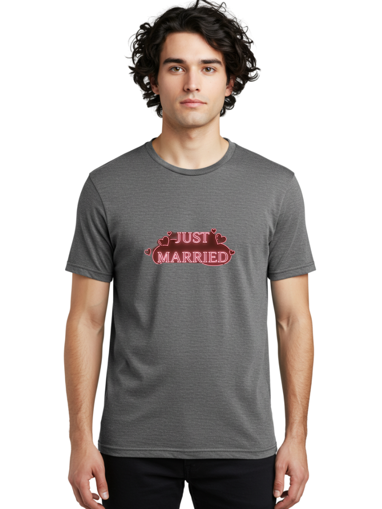 Just-Married-3 Men'S Graphic Tee, 100% Cotton, Comfortable Casual Summer Wear, Machine Washable, Just Married Sign, Wedding Decor, Love Hearts, Pink Neon Lights, Marriage Celebration, Wedding Decoration Ideas, Happy Couple, Baa887