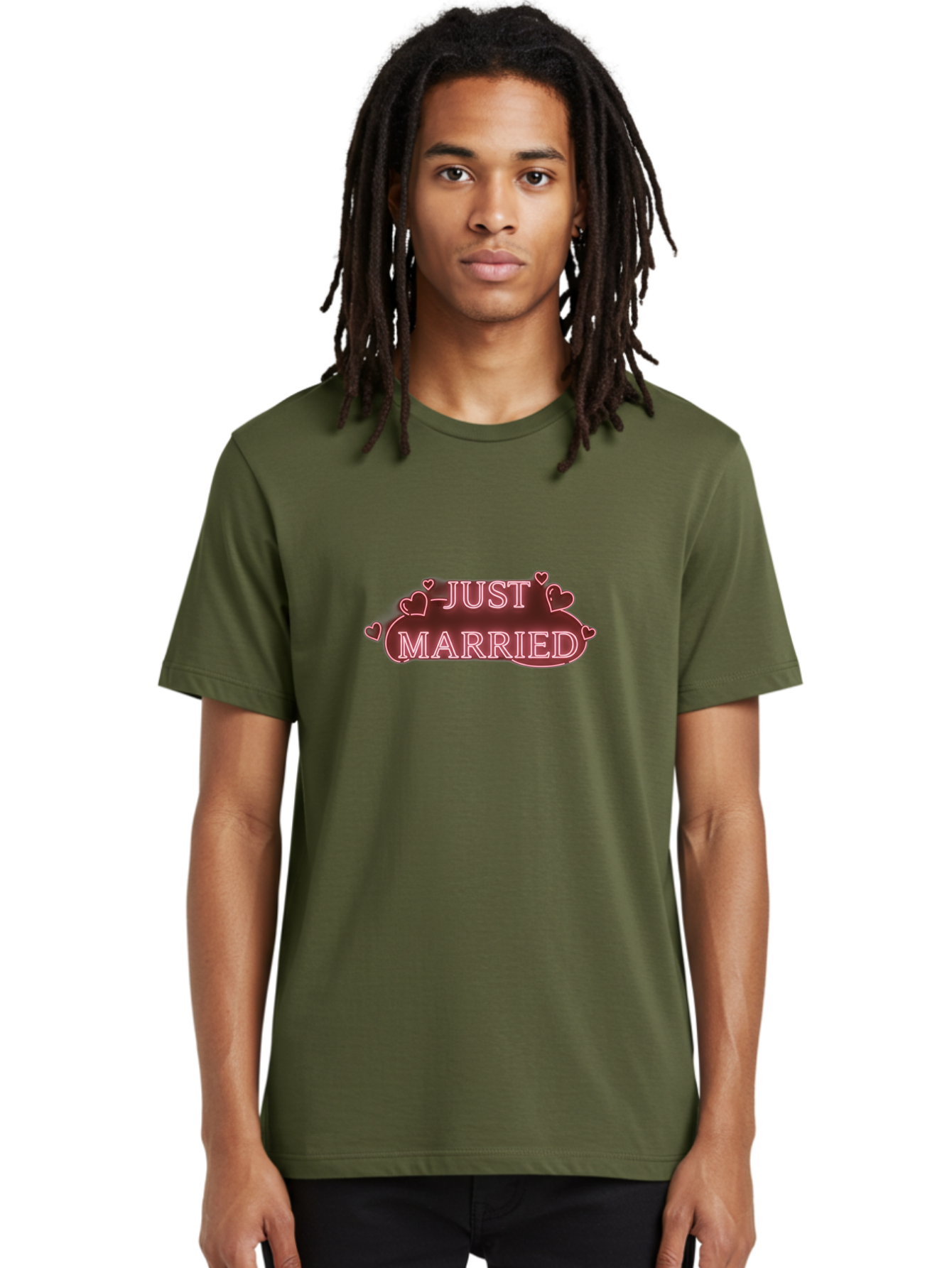 Just-Married-3 Men'S Graphic Tee, 100% Cotton, Comfortable Casual Summer Wear, Machine Washable, Just Married Sign, Wedding Decor, Love Hearts, Pink Neon Lights, Marriage Celebration, Wedding Decoration Ideas, Happy Couple, Baa887
