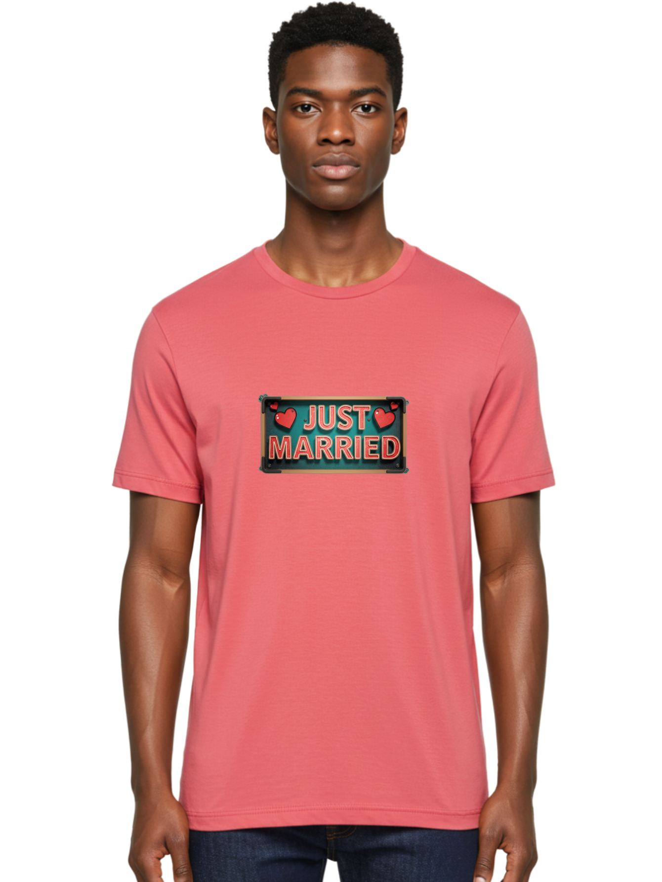 Just-Married-4 Men'S Graphic Tee, 100% Cotton, Comfortable Casual Summer Wear, Machine Washable, Just Married Sign, Red Hearts, Romantic Symbols, Love Decoration, Wedding Celebration, Newlyweds, Love Hearts Baa888