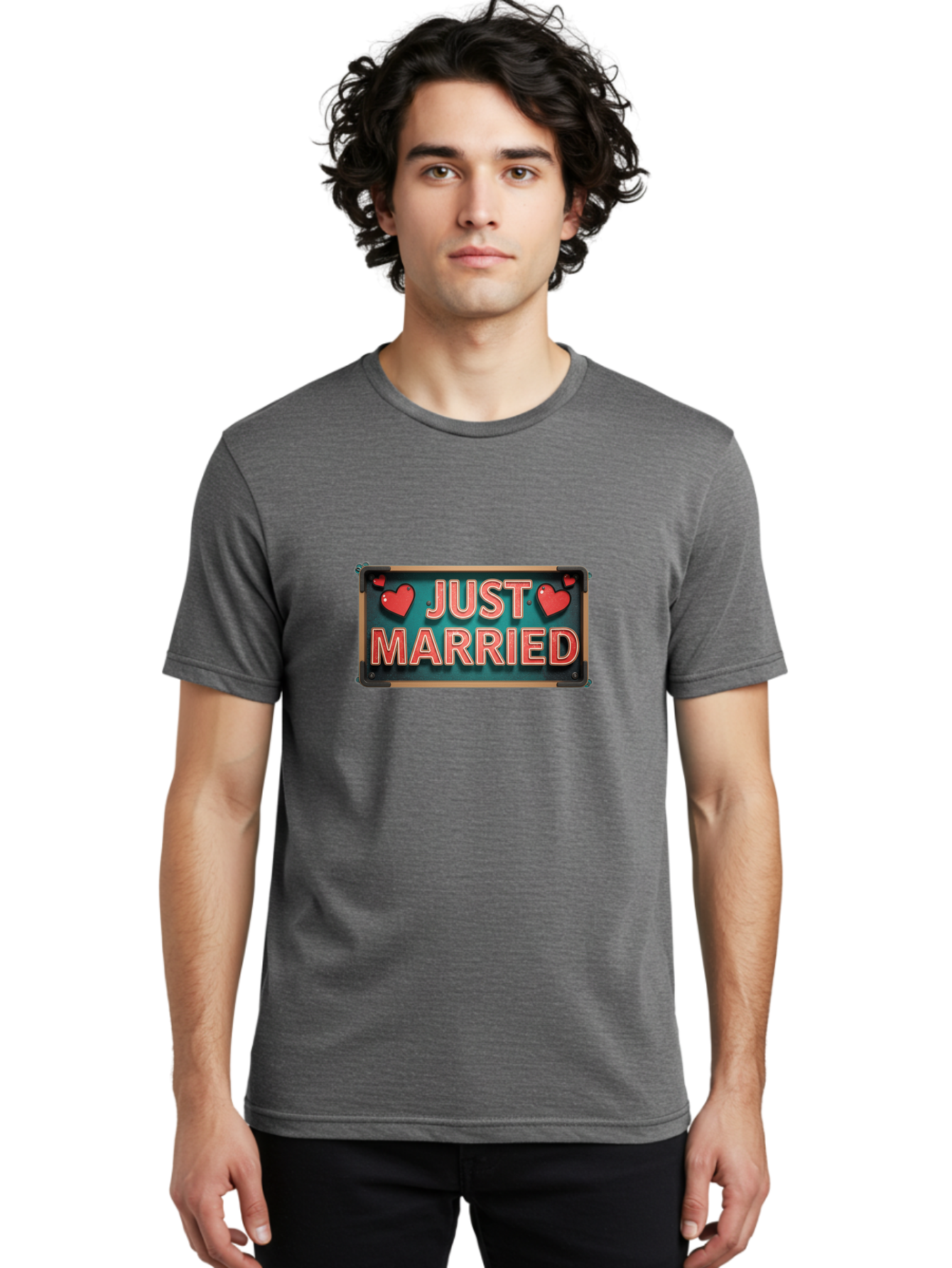 Just-Married-4 Men'S Graphic Tee, 100% Cotton, Comfortable Casual Summer Wear, Machine Washable, Just Married Sign, Red Hearts, Romantic Symbols, Love Decoration, Wedding Celebration, Newlyweds, Love Hearts Baa888