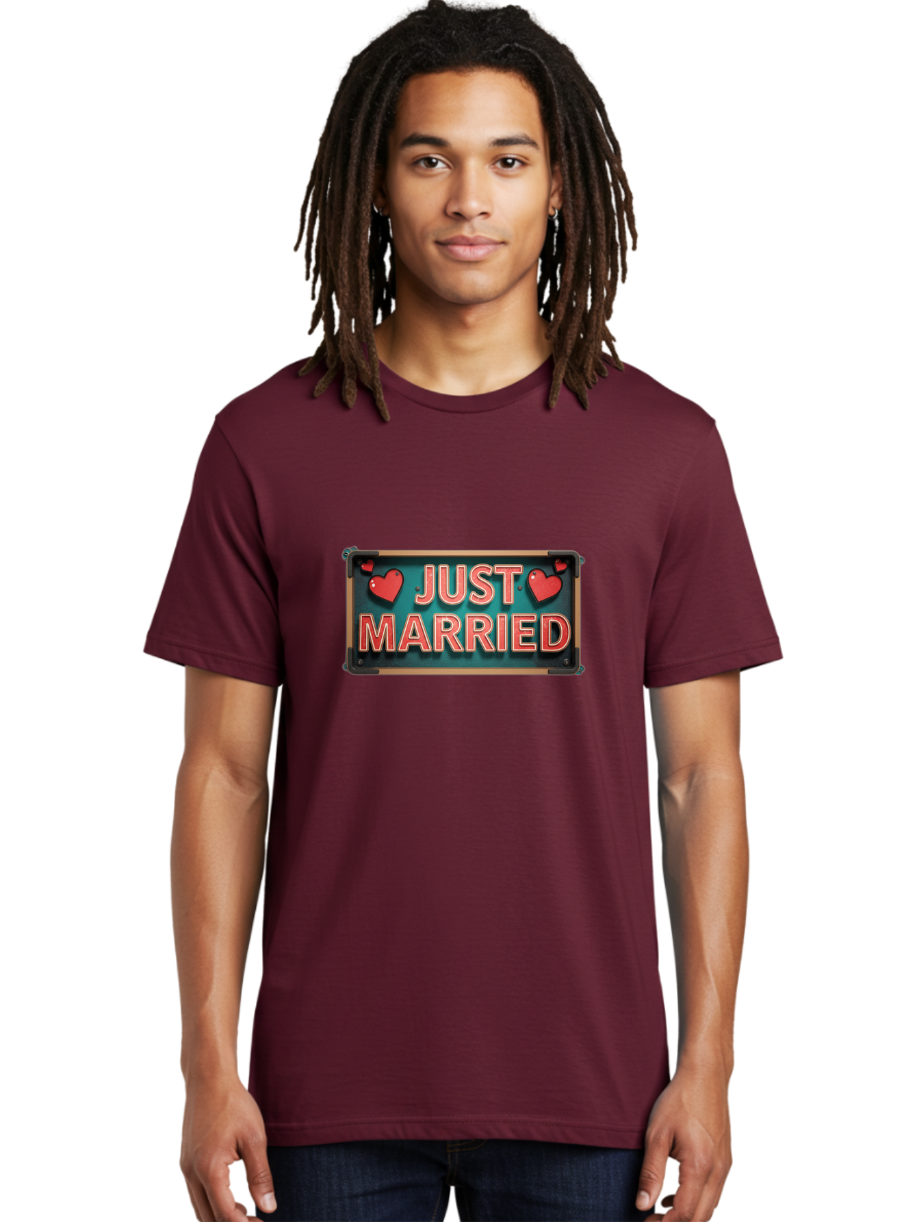 Just-Married-4 Men'S Graphic Tee, 100% Cotton, Comfortable Casual Summer Wear, Machine Washable, Just Married Sign, Red Hearts, Romantic Symbols, Love Decoration, Wedding Celebration, Newlyweds, Love Hearts Baa888