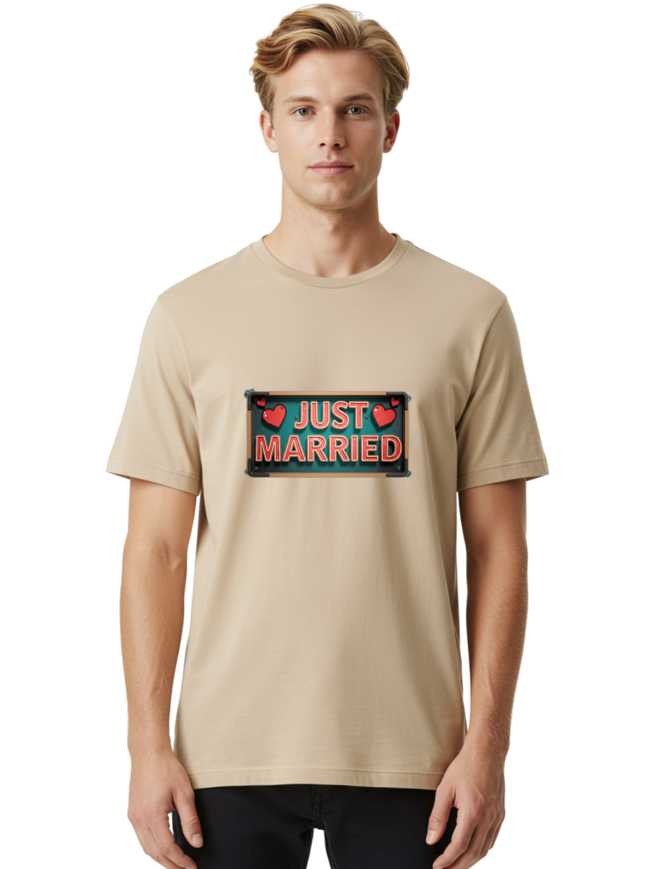 Just-Married-4 Men'S Graphic Tee, 100% Cotton, Comfortable Casual Summer Wear, Machine Washable, Just Married Sign, Red Hearts, Romantic Symbols, Love Decoration, Wedding Celebration, Newlyweds, Love Hearts Baa888