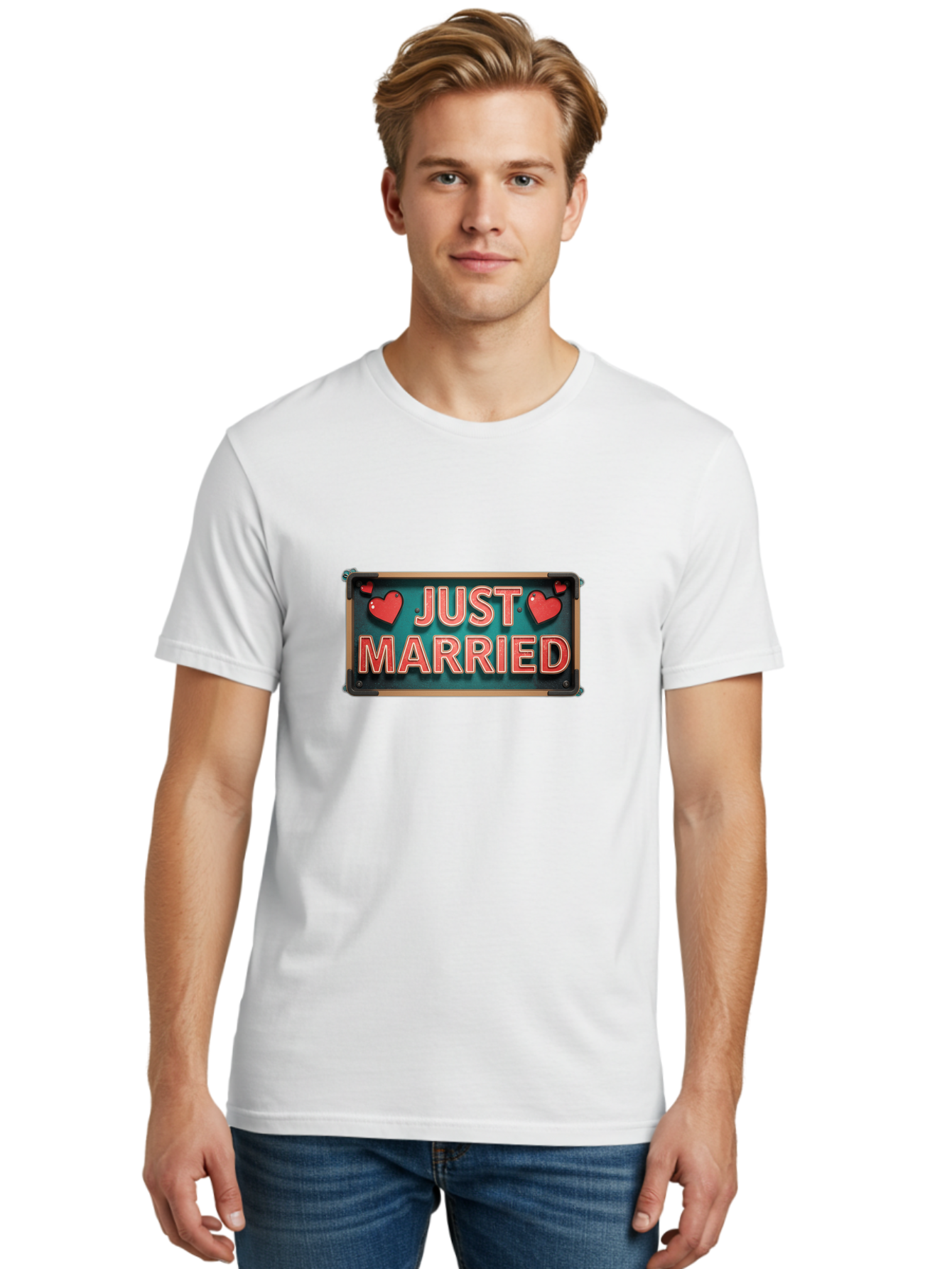 Just-Married-4 Men'S Graphic Tee, 100% Cotton, Comfortable Casual Summer Wear, Machine Washable, Just Married Sign, Red Hearts, Romantic Symbols, Love Decoration, Wedding Celebration, Newlyweds, Love Hearts Baa888