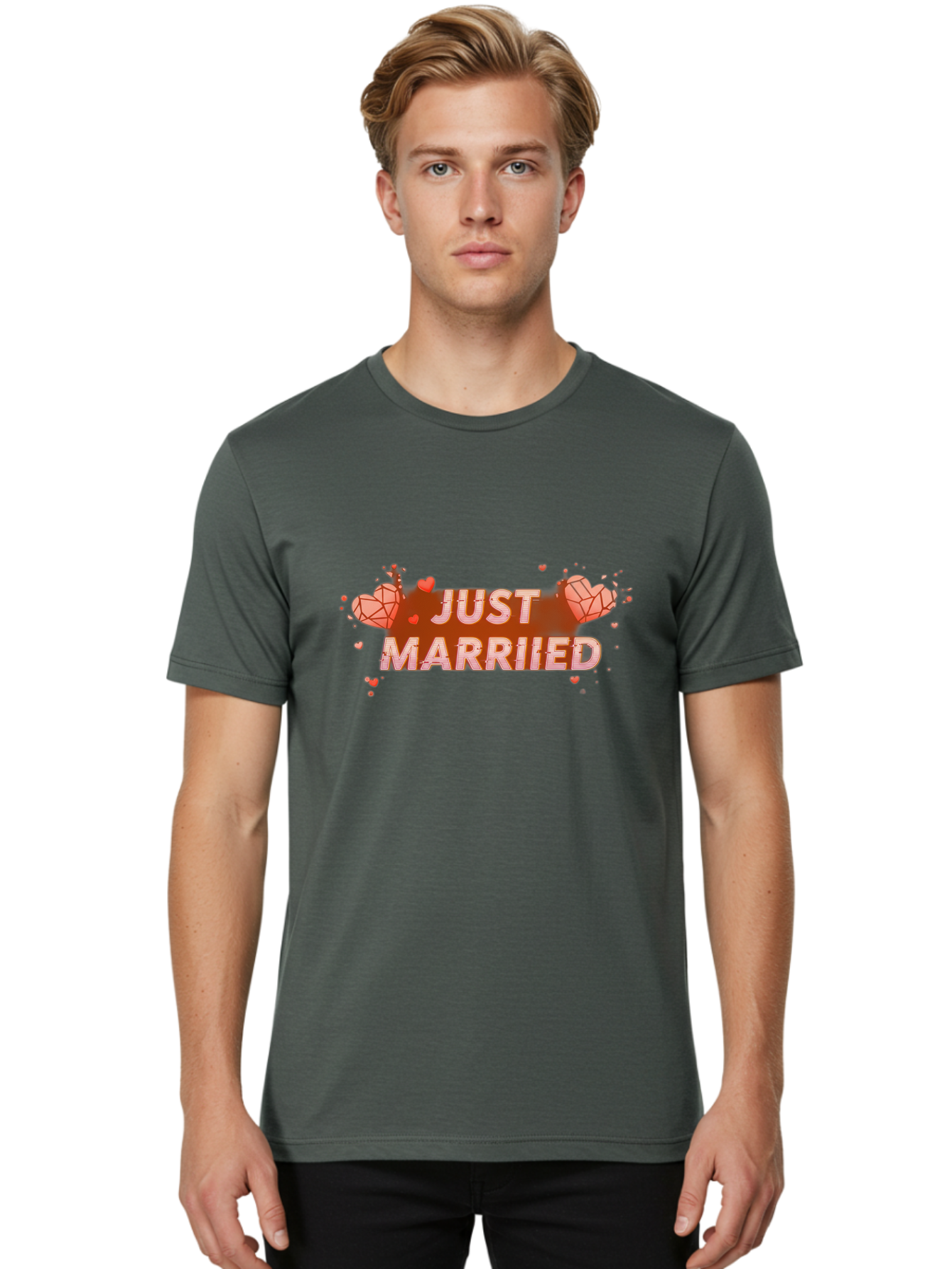 Just-Married-5 Men'S Graphic Tee, 100% Cotton, Comfortable Casual Summer Wear, Machine Washable, Just Married Text, White And Red Hearts, Newlywed Couple, Love Celebration, Wedding Bliss, Heart Decorations, Red Splatter, Love Symbols, Baa889