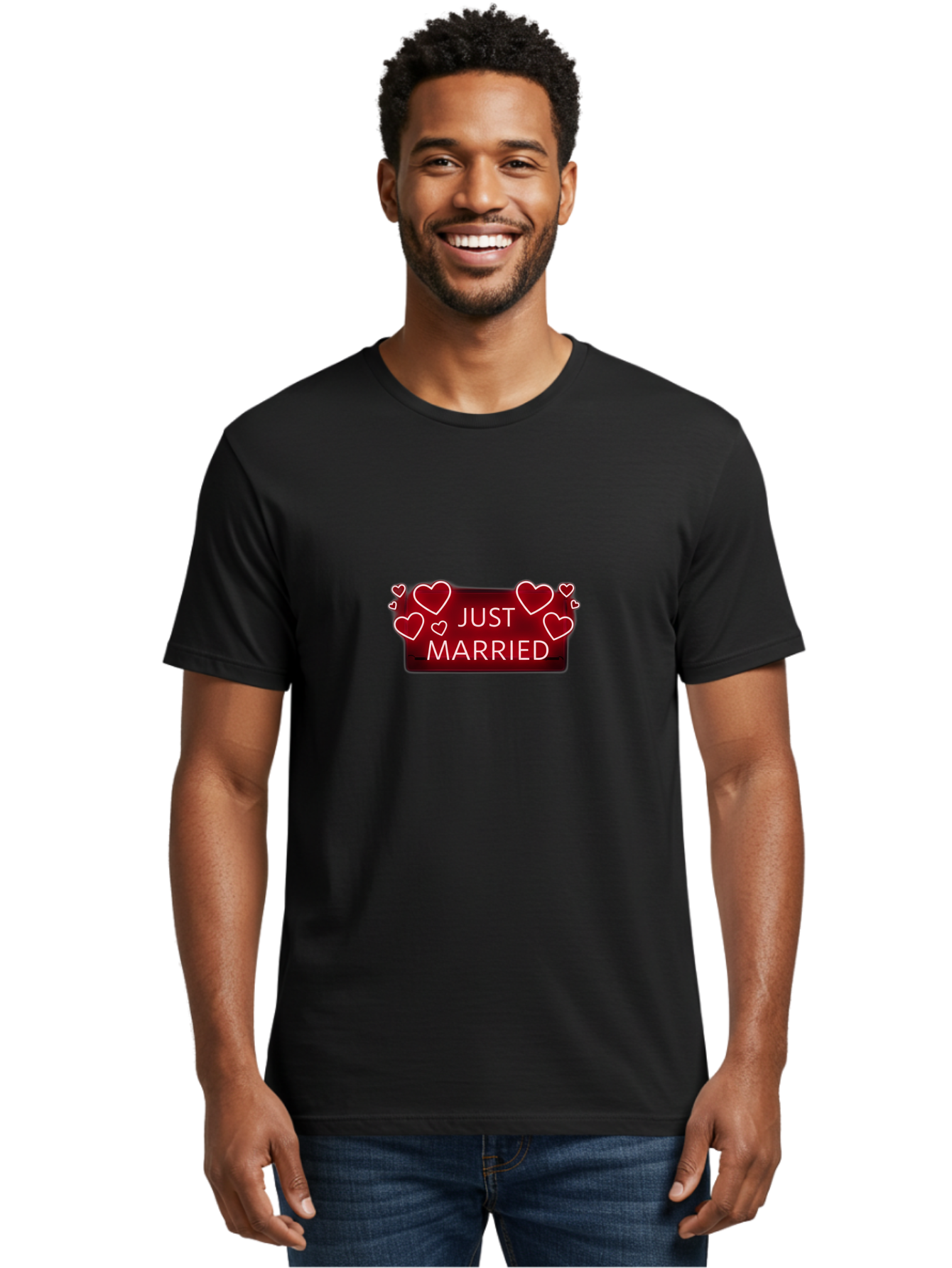 Just-Married-6 Men'S Graphic Tee, 100% Cotton, Comfortable Casual Summer Wear, Machine Washable, Marriage Celebration, Wedding Day, Just Married Sign, Red Hearts, Love Symbol, Valentines Day Gift, Romance, Wedding Decor Baa890