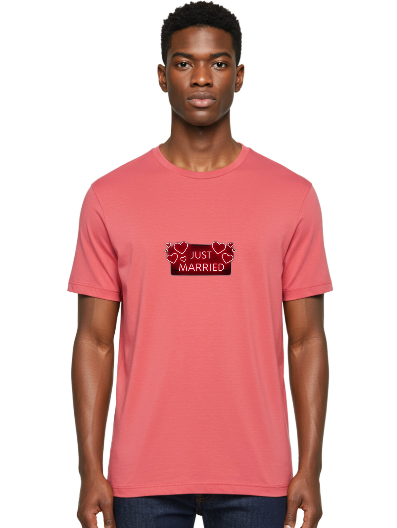 Just-Married-6 Men'S Graphic Tee, 100% Cotton, Comfortable Casual Summer Wear, Machine Washable, Marriage Celebration, Wedding Day, Just Married Sign, Red Hearts, Love Symbol, Valentines Day Gift, Romance, Wedding Decor Baa890