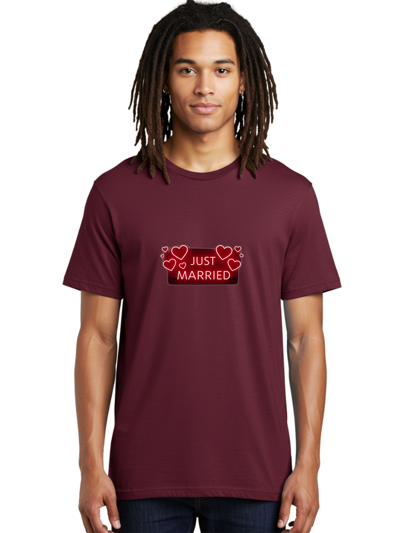 Just-Married-6 Men'S Graphic Tee, 100% Cotton, Comfortable Casual Summer Wear, Machine Washable, Marriage Celebration, Wedding Day, Just Married Sign, Red Hearts, Love Symbol, Valentines Day Gift, Romance, Wedding Decor Baa890