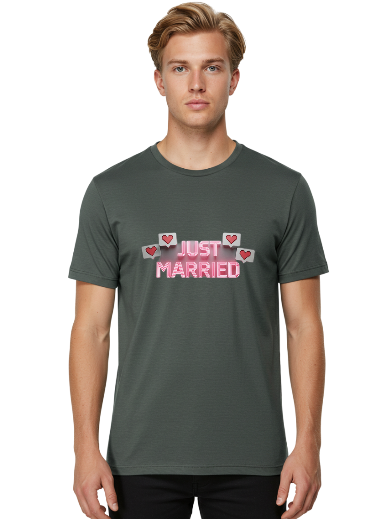 Just-Married-7 Men'S Graphic Tee, 100% Cotton, Comfortable Casual Summer Wear, Machine Washable, Just Married, Love Is In The Air, Heart-Shaped Notifications, Red Hearts, Wedding Celebration, Newlyweds, Marriage Bliss, Love Icons Baa891