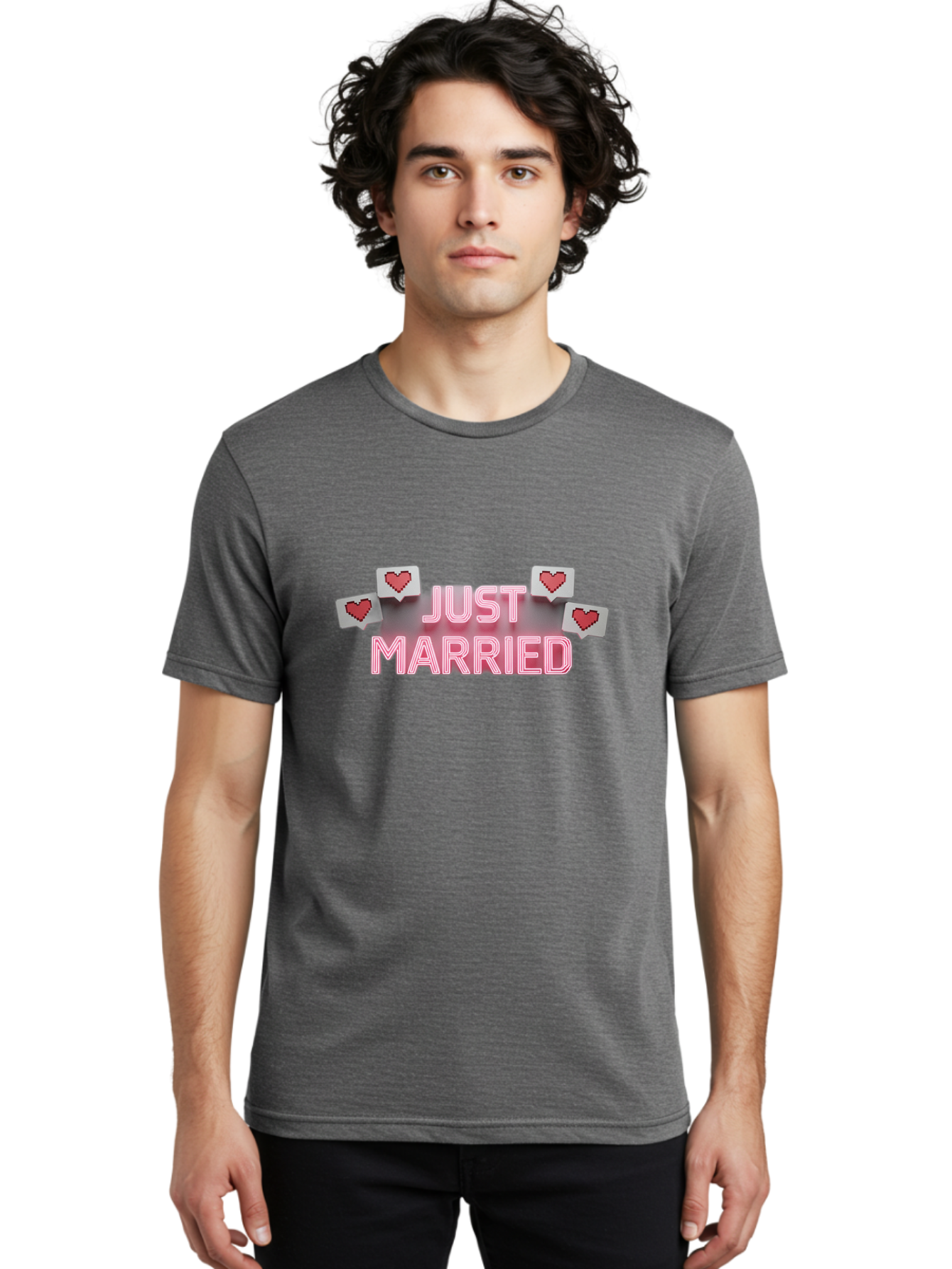 Just-Married-7 Men'S Graphic Tee, 100% Cotton, Comfortable Casual Summer Wear, Machine Washable, Just Married, Love Is In The Air, Heart-Shaped Notifications, Red Hearts, Wedding Celebration, Newlyweds, Marriage Bliss, Love Icons Baa891