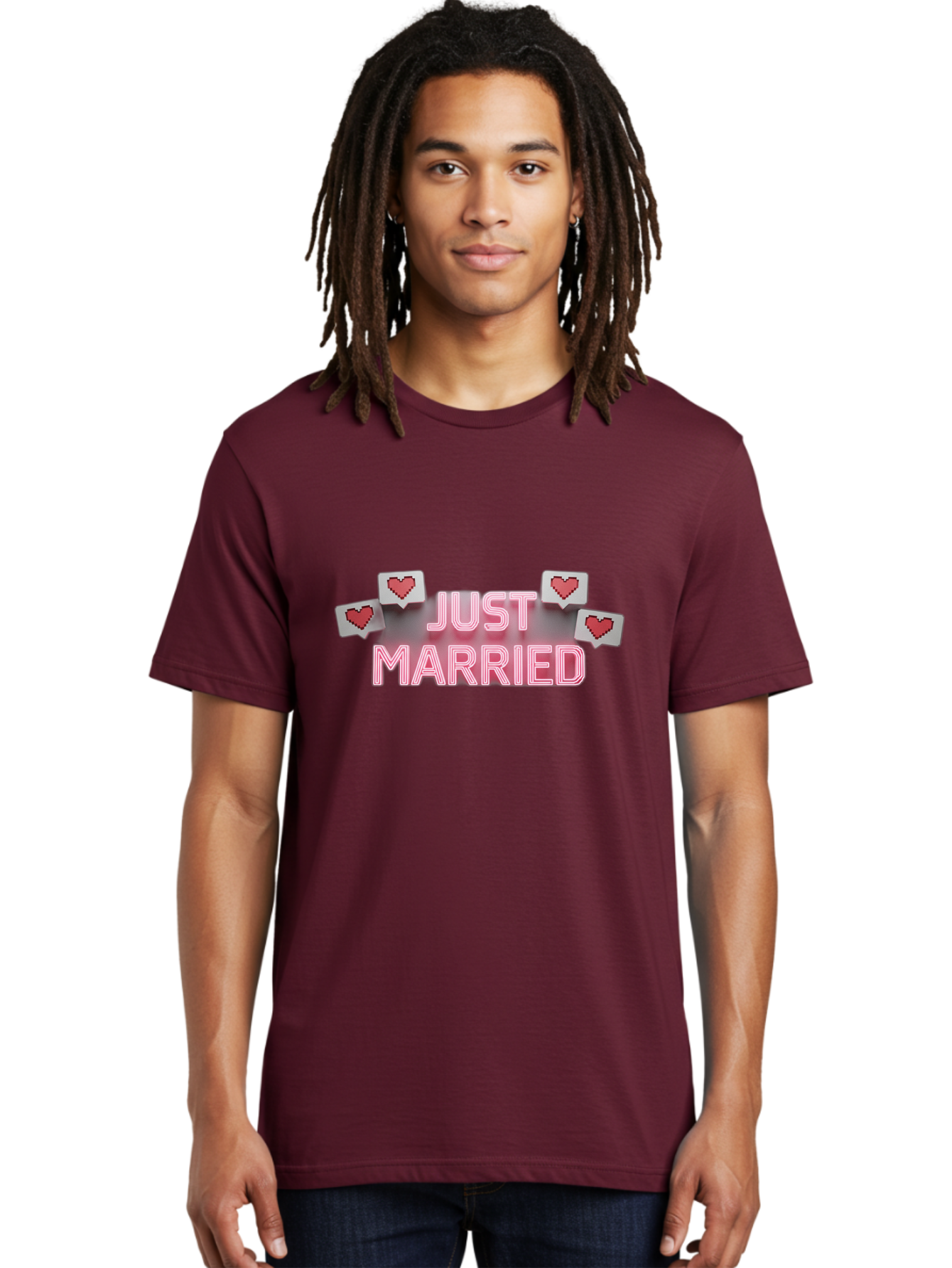 Just-Married-7 Men'S Graphic Tee, 100% Cotton, Comfortable Casual Summer Wear, Machine Washable, Just Married, Love Is In The Air, Heart-Shaped Notifications, Red Hearts, Wedding Celebration, Newlyweds, Marriage Bliss, Love Icons Baa891