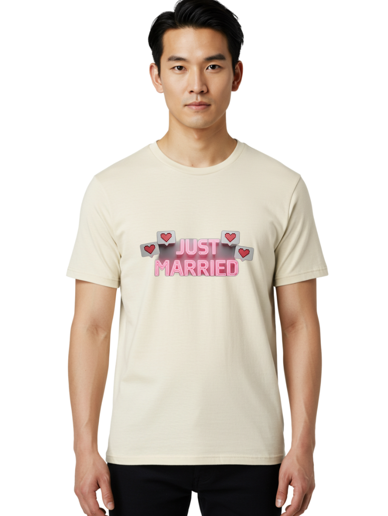 Just-Married-7 Men'S Graphic Tee, 100% Cotton, Comfortable Casual Summer Wear, Machine Washable, Just Married, Love Is In The Air, Heart-Shaped Notifications, Red Hearts, Wedding Celebration, Newlyweds, Marriage Bliss, Love Icons Baa891
