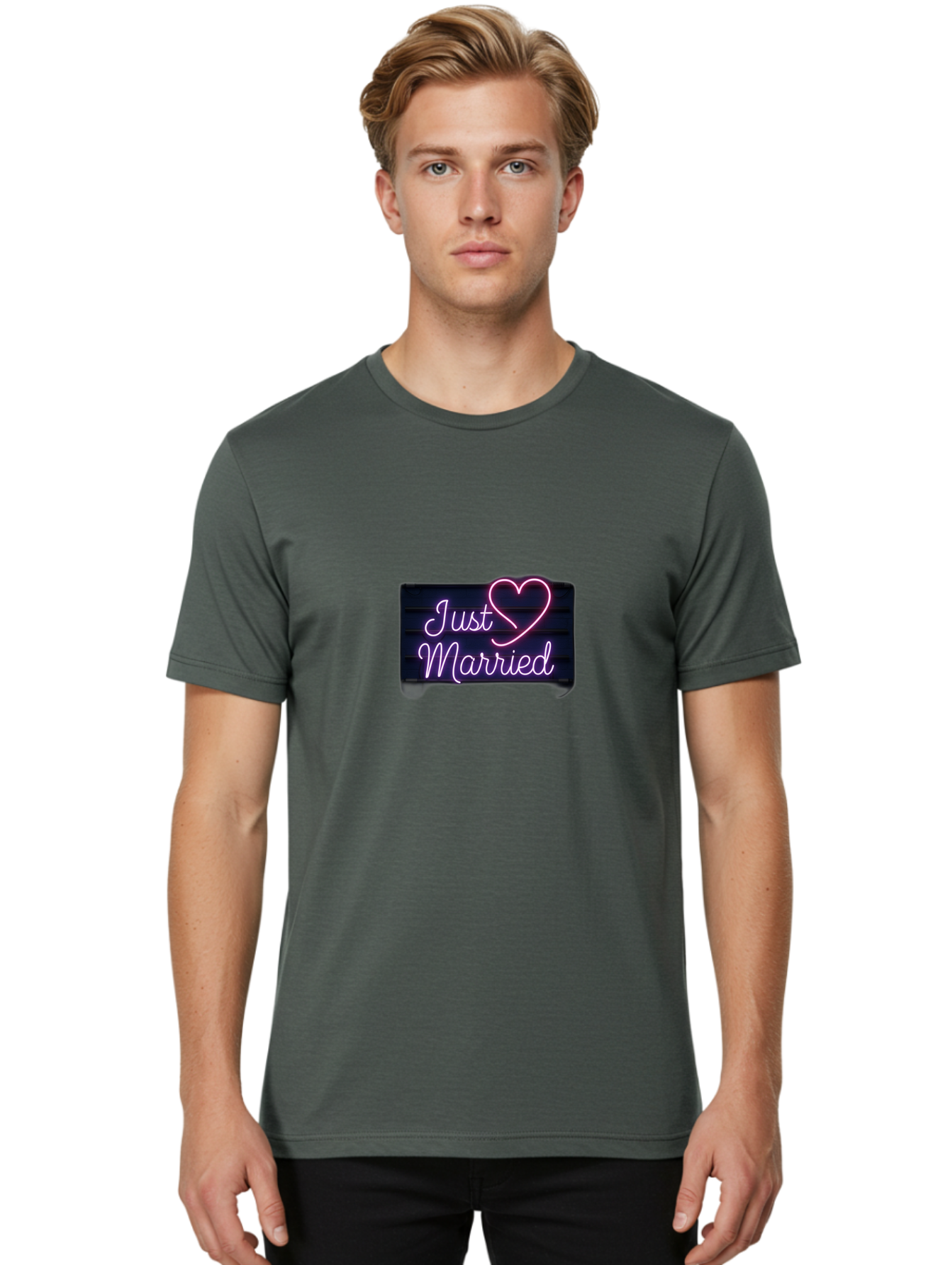 Just-Married-8 Men'S Graphic Tee, 100% Cotton, Comfortable Casual Summer Wear, Machine Washable, Neon Sign, Just Married, Wedding Decor, Love Heart, Pink Neon, Marriage Celebration, Wedding Signage, Romantic Decor, Party Decoration, Baa892