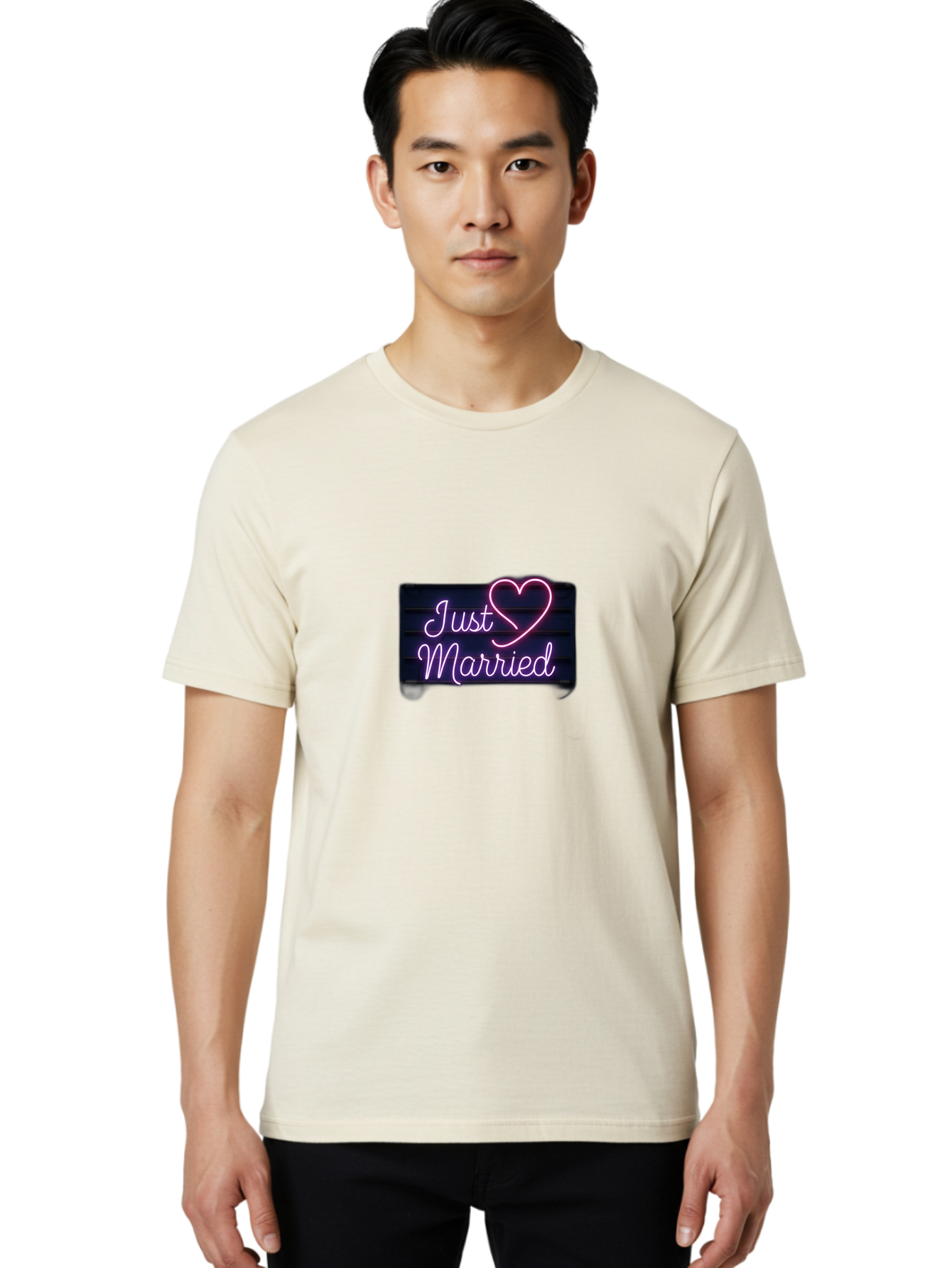 Just-Married-8 Men'S Graphic Tee, 100% Cotton, Comfortable Casual Summer Wear, Machine Washable, Neon Sign, Just Married, Wedding Decor, Love Heart, Pink Neon, Marriage Celebration, Wedding Signage, Romantic Decor, Party Decoration, Baa892