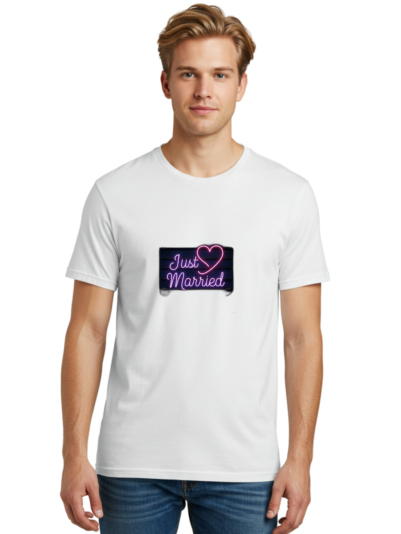 Just-Married-8 Men'S Graphic Tee, 100% Cotton, Comfortable Casual Summer Wear, Machine Washable, Neon Sign, Just Married, Wedding Decor, Love Heart, Pink Neon, Marriage Celebration, Wedding Signage, Romantic Decor, Party Decoration, Baa892