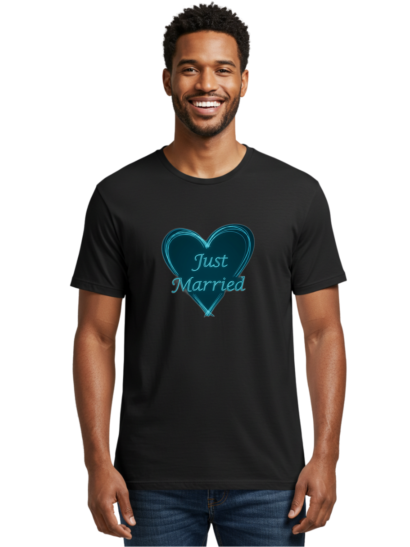 Just-Married-9 Men'S Graphic Tee, 100% Cotton, Comfortable Casual Summer Wear, Machine Washable, Wedding Heart, Love Symbol, Just Married Sign, Blue Heart Graphic, Cursive Text, Newlyweds, Marriage Celebration, Heart Shape Baa893