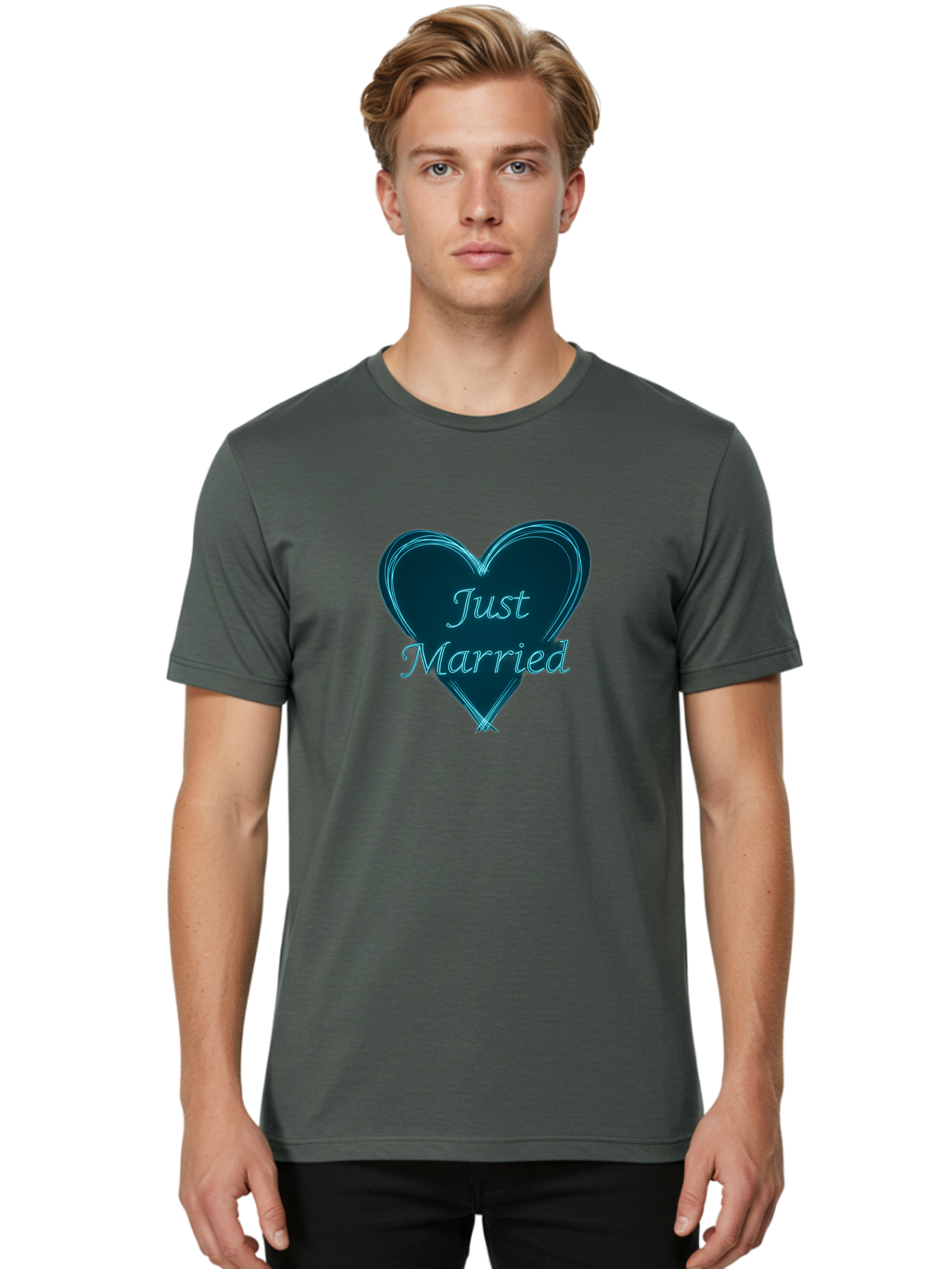 Just-Married-9 Men'S Graphic Tee, 100% Cotton, Comfortable Casual Summer Wear, Machine Washable, Wedding Heart, Love Symbol, Just Married Sign, Blue Heart Graphic, Cursive Text, Newlyweds, Marriage Celebration, Heart Shape Baa893
