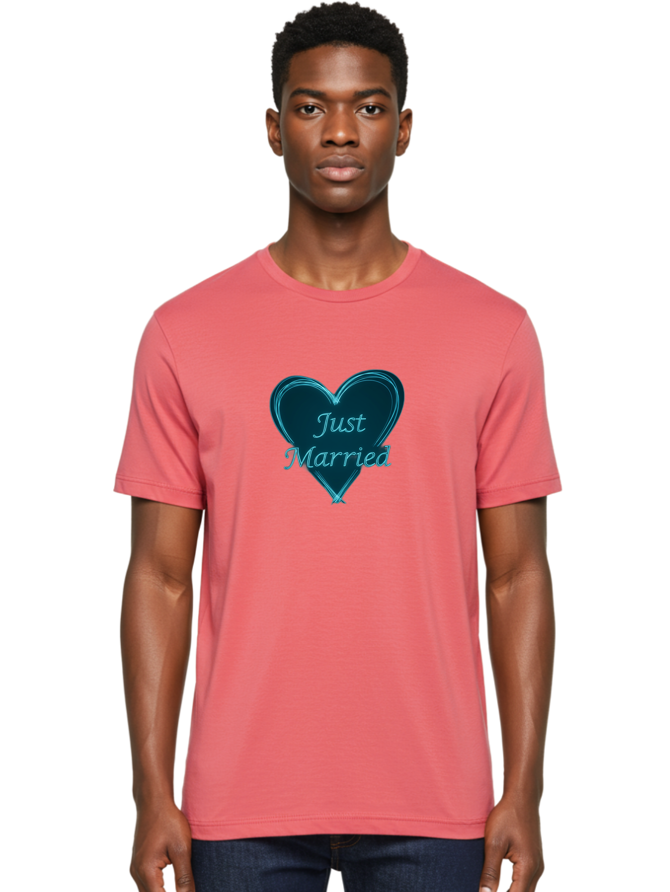 Just-Married-9 Men'S Graphic Tee, 100% Cotton, Comfortable Casual Summer Wear, Machine Washable, Wedding Heart, Love Symbol, Just Married Sign, Blue Heart Graphic, Cursive Text, Newlyweds, Marriage Celebration, Heart Shape Baa893