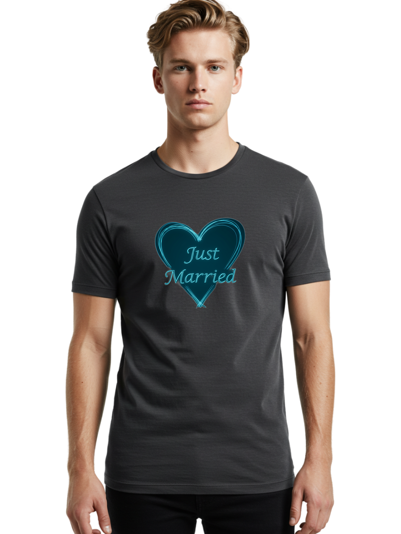 Just-Married-9 Men'S Graphic Tee, 100% Cotton, Comfortable Casual Summer Wear, Machine Washable, Wedding Heart, Love Symbol, Just Married Sign, Blue Heart Graphic, Cursive Text, Newlyweds, Marriage Celebration, Heart Shape Baa893