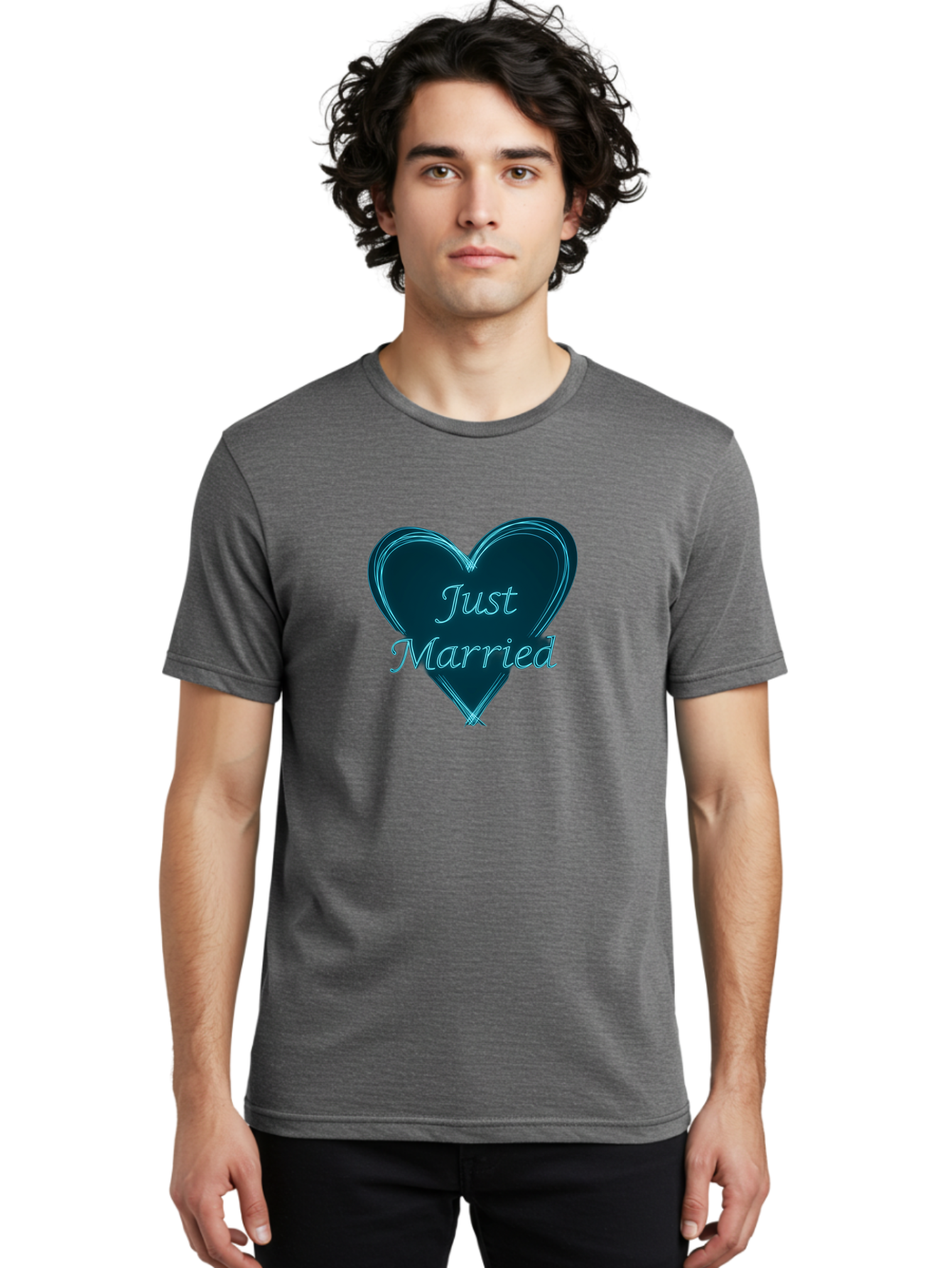 Just-Married-9 Men'S Graphic Tee, 100% Cotton, Comfortable Casual Summer Wear, Machine Washable, Wedding Heart, Love Symbol, Just Married Sign, Blue Heart Graphic, Cursive Text, Newlyweds, Marriage Celebration, Heart Shape Baa893