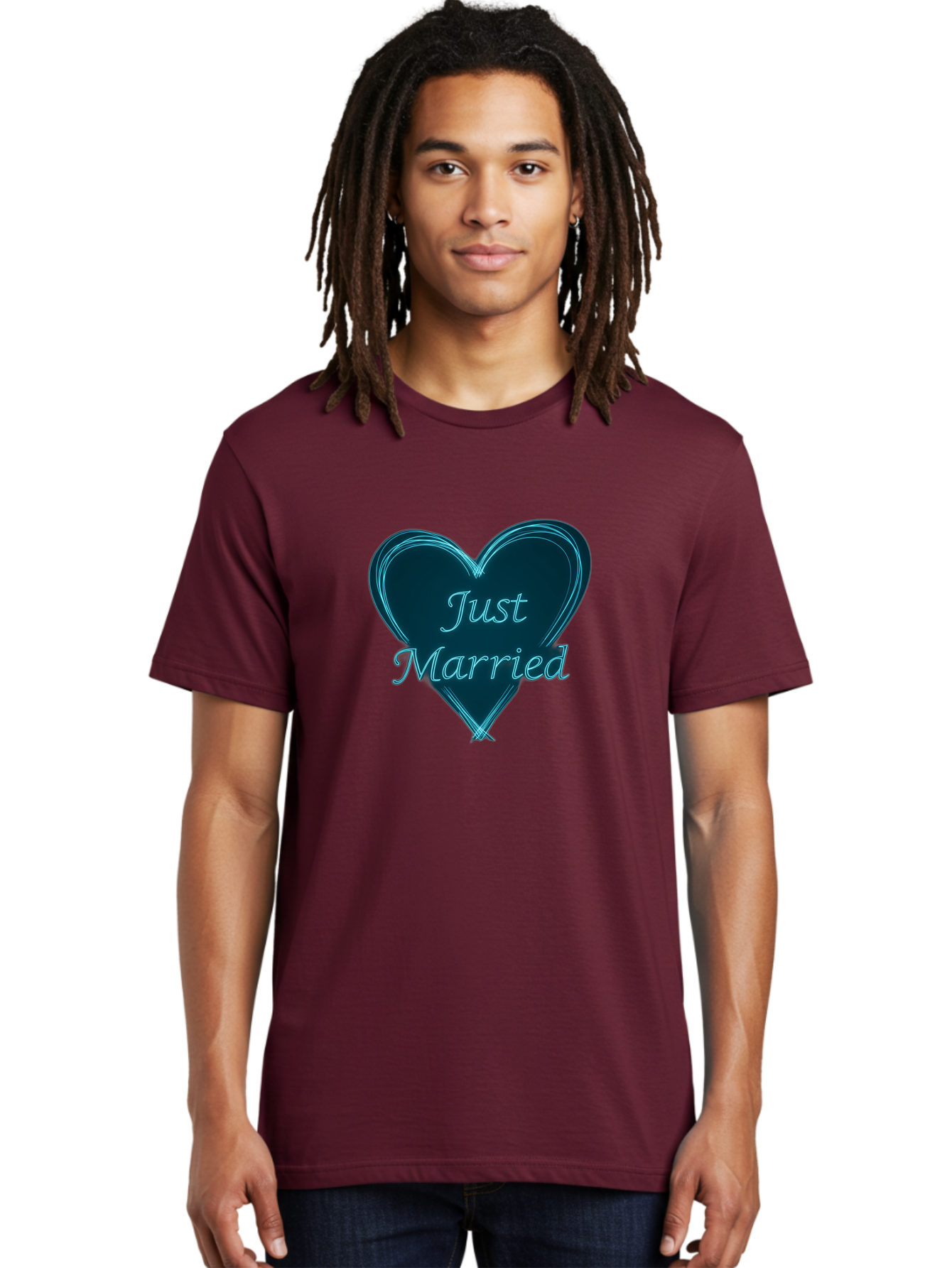 Just-Married-9 Men'S Graphic Tee, 100% Cotton, Comfortable Casual Summer Wear, Machine Washable, Wedding Heart, Love Symbol, Just Married Sign, Blue Heart Graphic, Cursive Text, Newlyweds, Marriage Celebration, Heart Shape Baa893