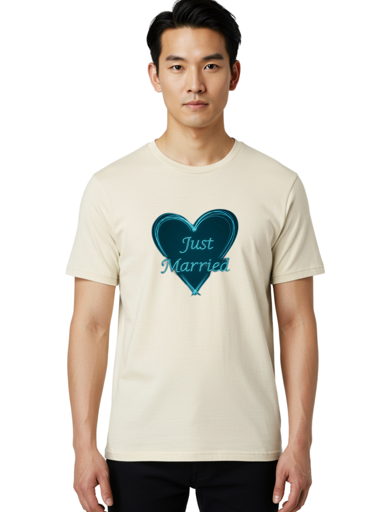 Just-Married-9 Men'S Graphic Tee, 100% Cotton, Comfortable Casual Summer Wear, Machine Washable, Wedding Heart, Love Symbol, Just Married Sign, Blue Heart Graphic, Cursive Text, Newlyweds, Marriage Celebration, Heart Shape Baa893