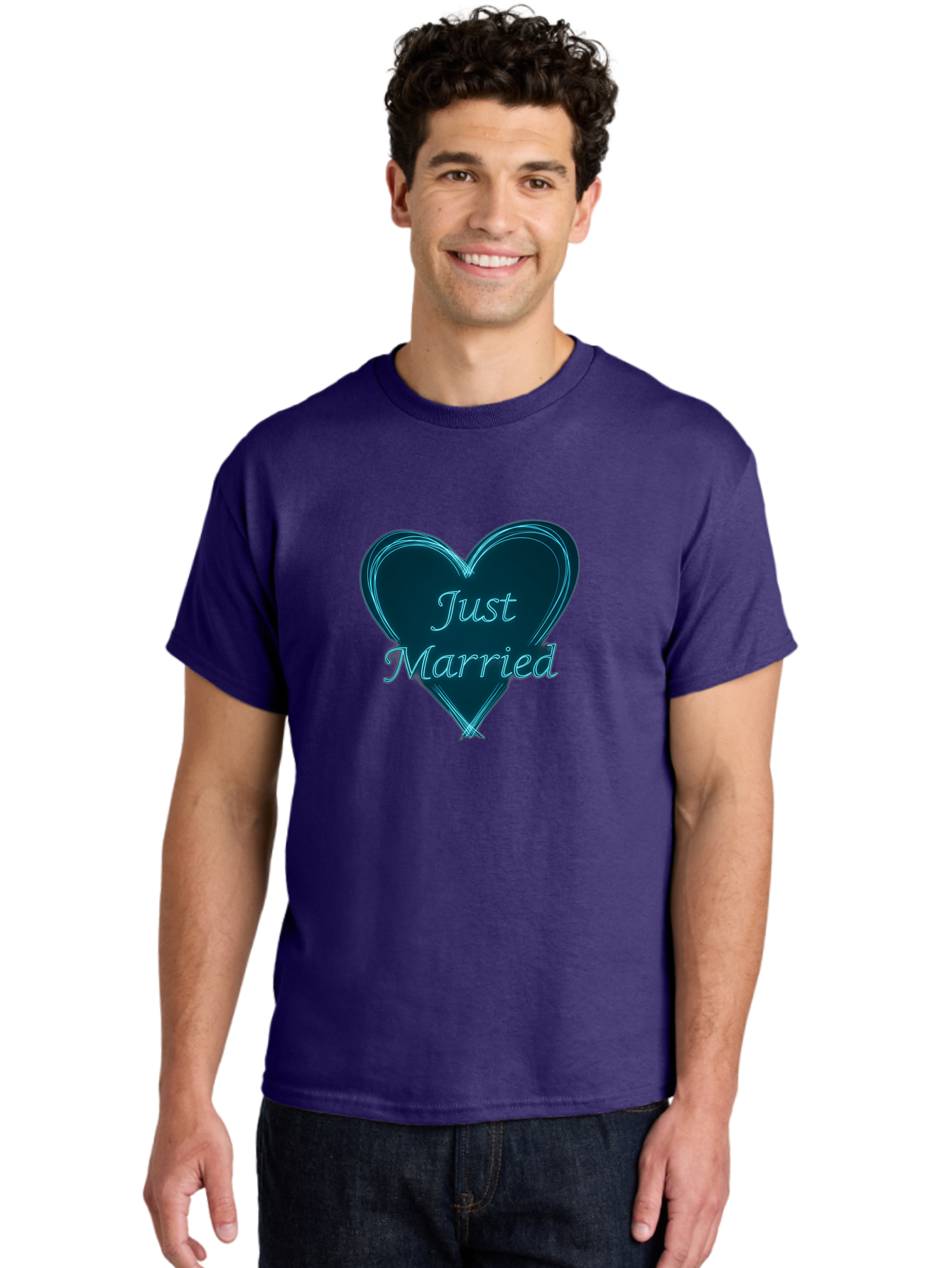 Just-Married-9 Men'S Graphic Tee, 100% Cotton, Comfortable Casual Summer Wear, Machine Washable, Wedding Heart, Love Symbol, Just Married Sign, Blue Heart Graphic, Cursive Text, Newlyweds, Marriage Celebration, Heart Shape Baa893