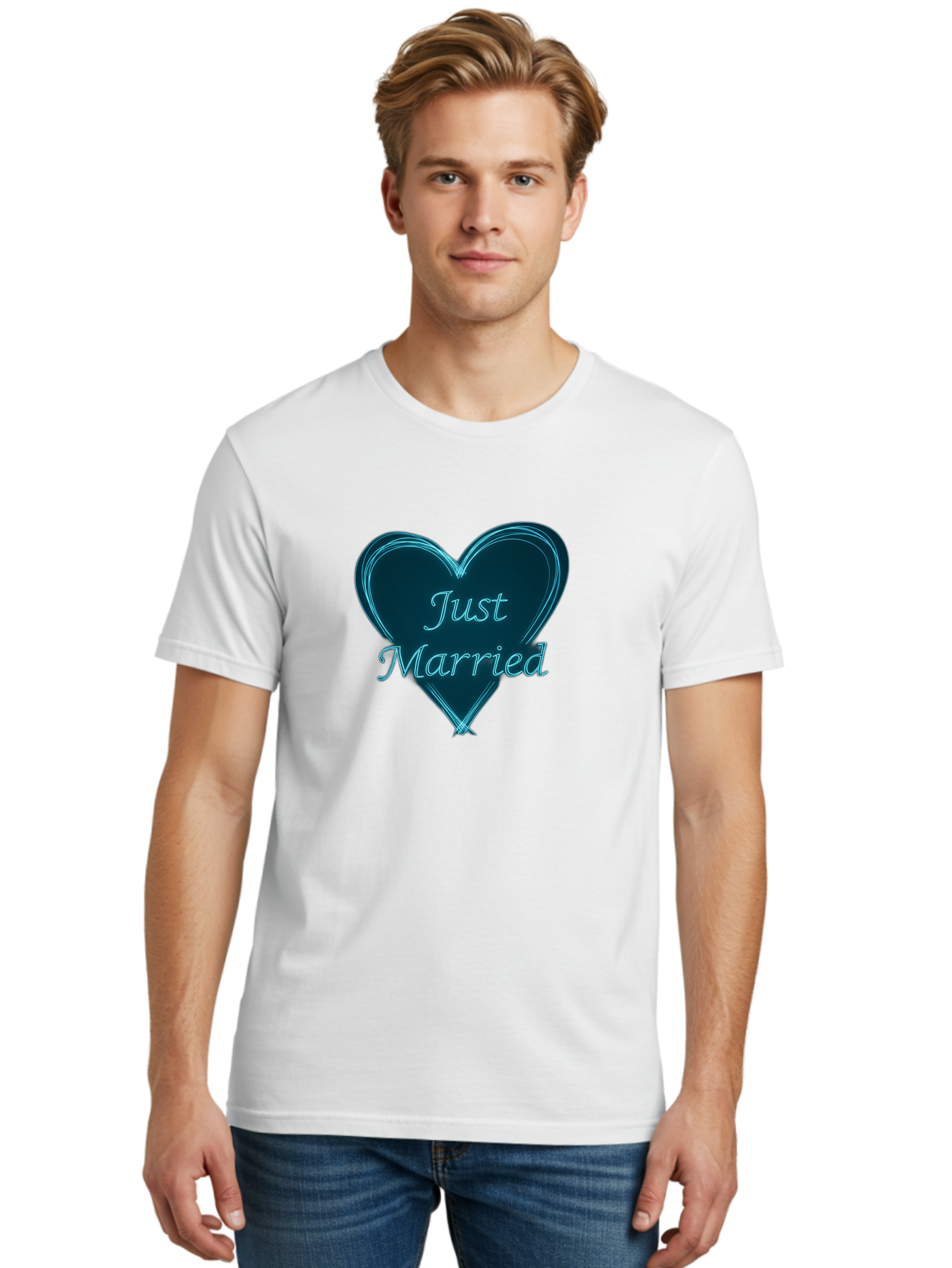 Just-Married-9 Men'S Graphic Tee, 100% Cotton, Comfortable Casual Summer Wear, Machine Washable, Wedding Heart, Love Symbol, Just Married Sign, Blue Heart Graphic, Cursive Text, Newlyweds, Marriage Celebration, Heart Shape Baa893