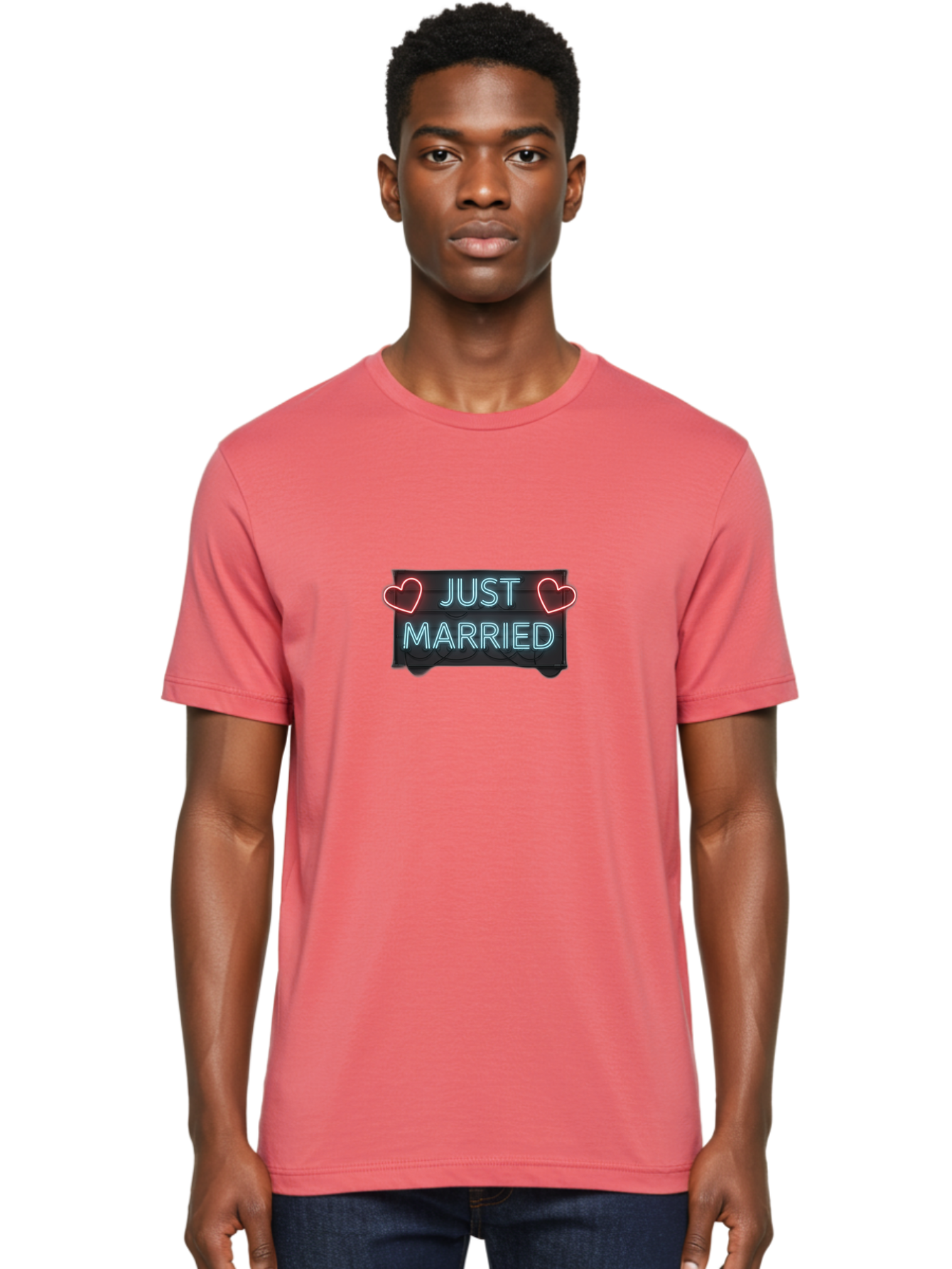 Just-Married-Neon-Sign Men'S Graphic Tee, 100% Cotton, Comfortable Casual Summer Wear, Machine Washable, Just Married Sign, Neon Lights, Love Hearts, Wedding Decoration, Romantic Ambiance, Newlyweds, Love Symbol, Glowing Hearts, Baa894