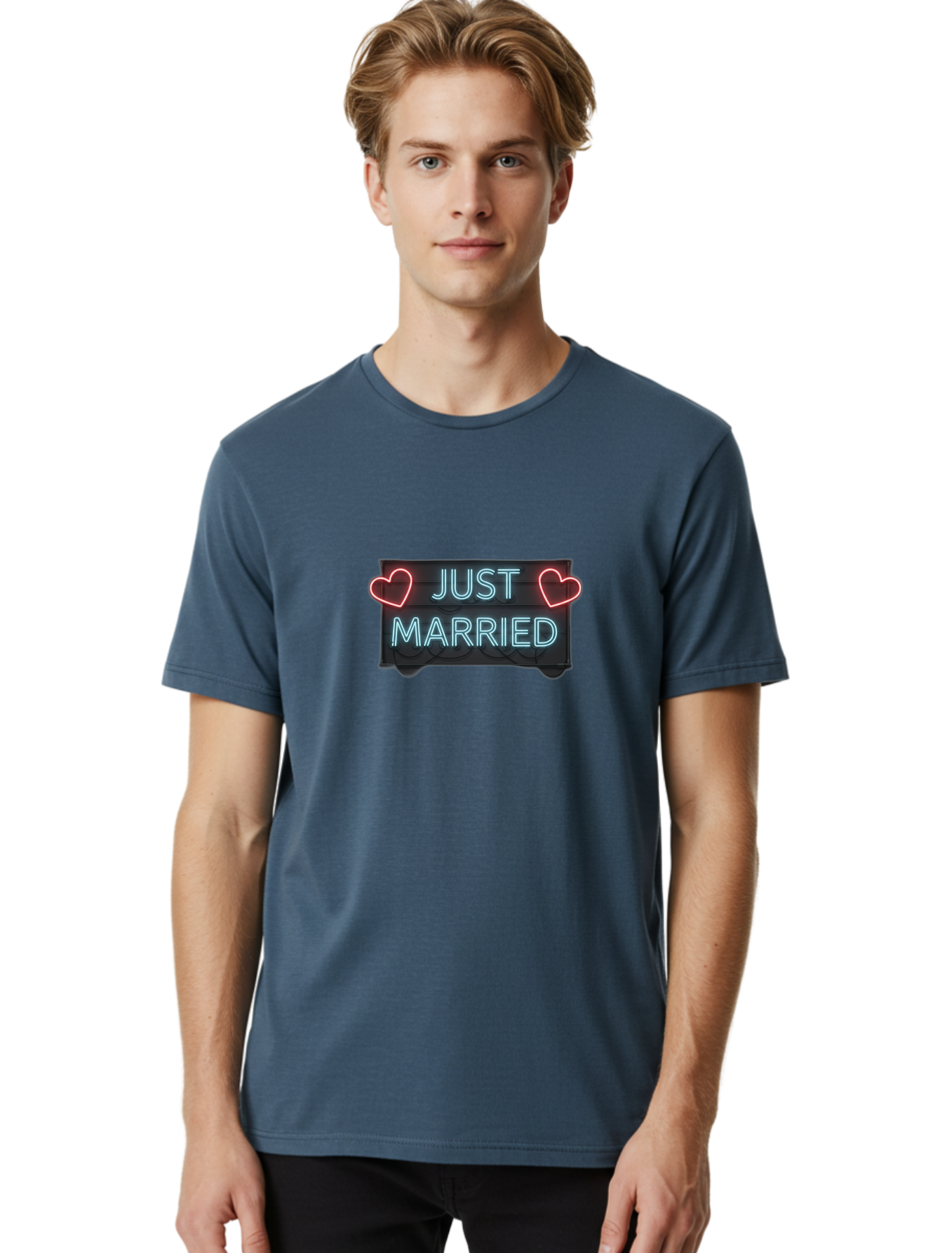 Just-Married-Neon-Sign Men'S Graphic Tee, 100% Cotton, Comfortable Casual Summer Wear, Machine Washable, Just Married Sign, Neon Lights, Love Hearts, Wedding Decoration, Romantic Ambiance, Newlyweds, Love Symbol, Glowing Hearts, Baa894