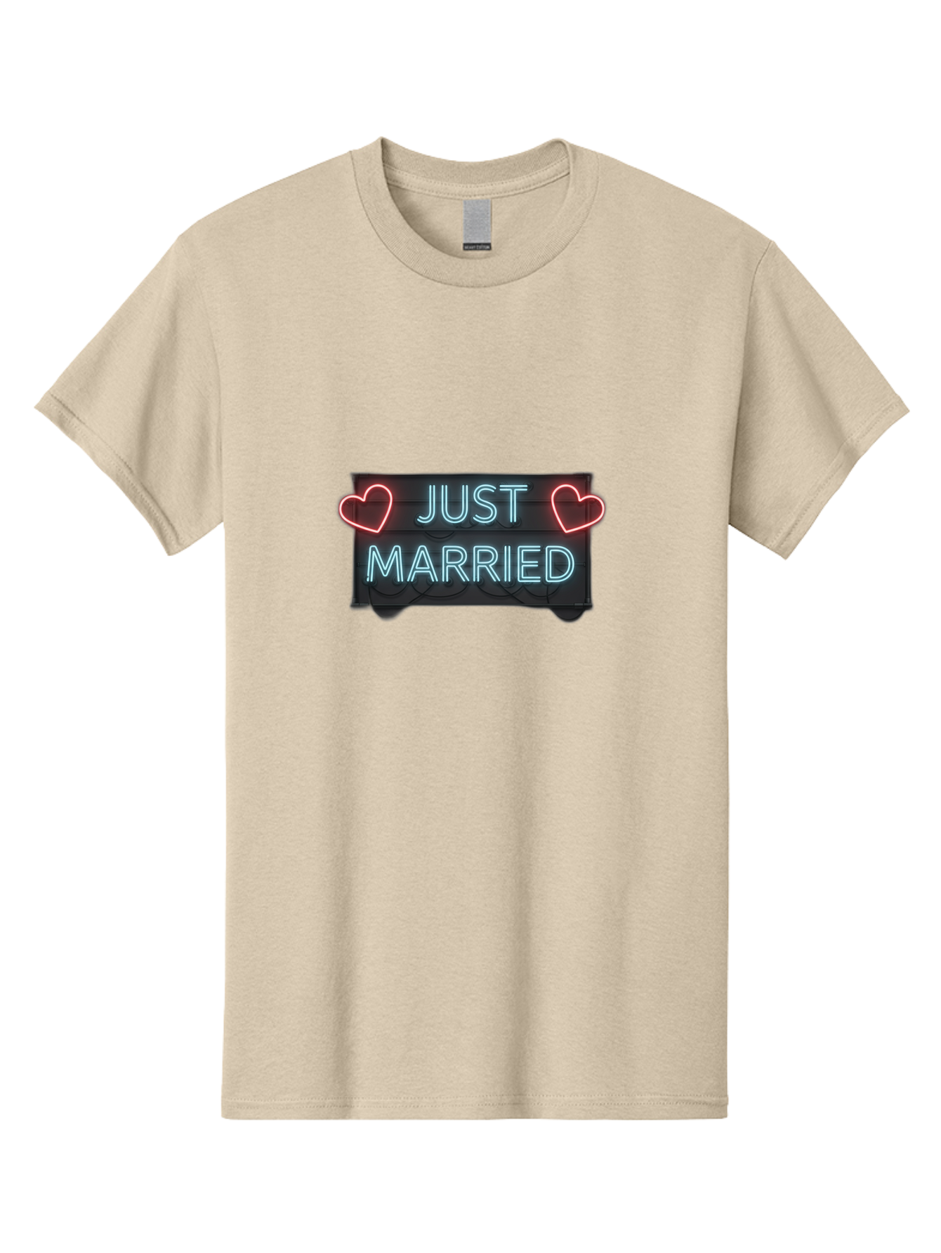 Just-Married-Neon-Sign Men'S Graphic Tee, 100% Cotton, Comfortable Casual Summer Wear, Machine Washable, Just Married Sign, Neon Lights, Love Hearts, Wedding Decoration, Romantic Ambiance, Newlyweds, Love Symbol, Glowing Hearts, Baa894