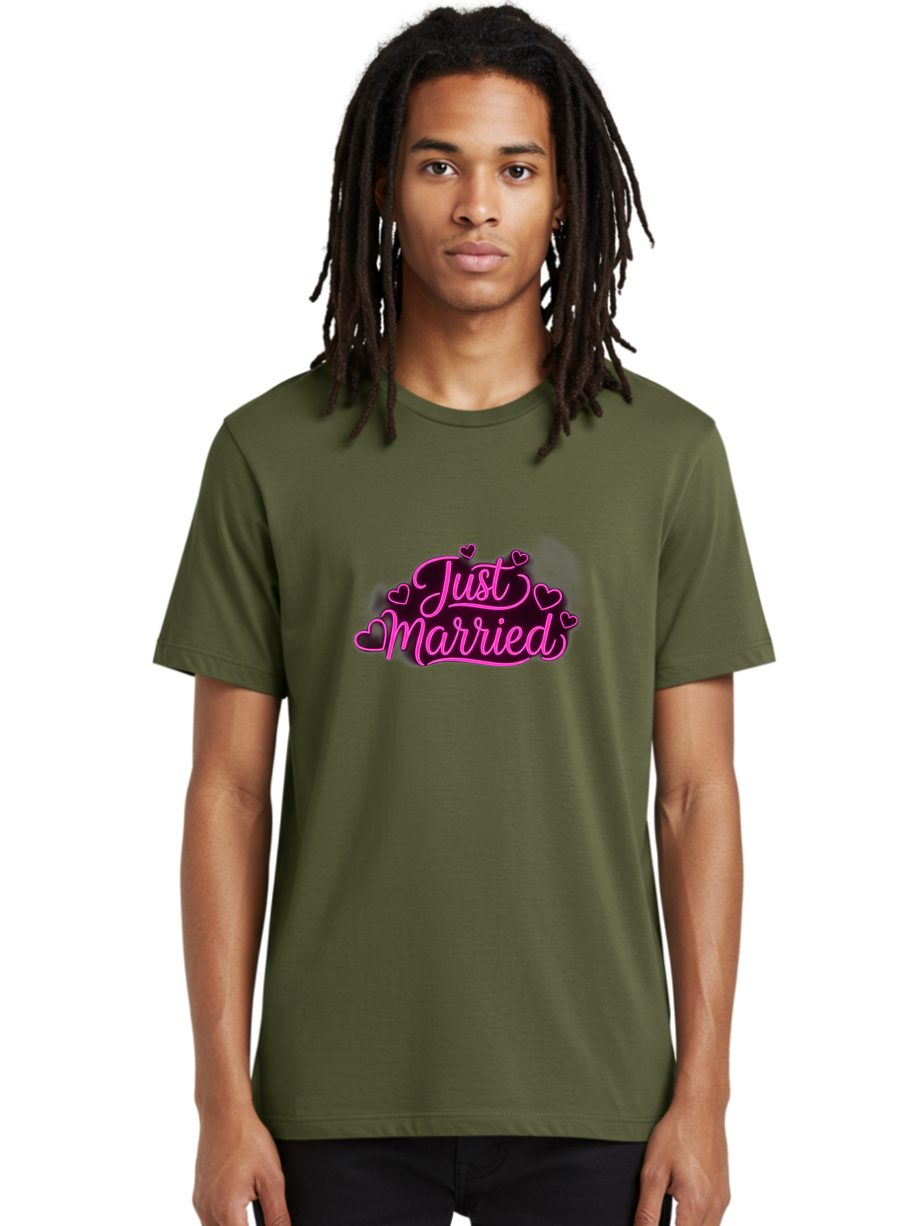 Just-Married Men'S Graphic Tee, 100% Cotton, Comfortable Casual Summer Wear, Machine Washable, Neon Pink Just Married Sign, Cursive Script, Love Hearts, Wedding Decor, Romantic Ambiance, Newlyweds, Love Symbols Baa895