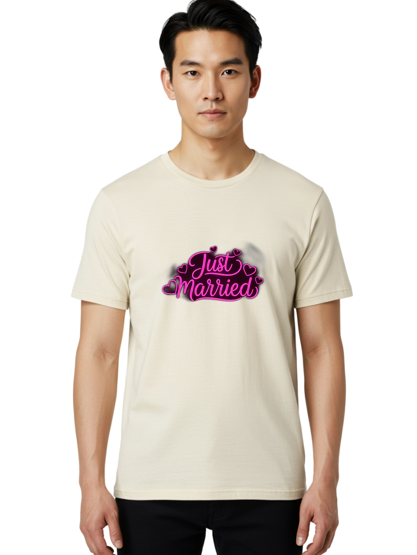 Just-Married Men'S Graphic Tee, 100% Cotton, Comfortable Casual Summer Wear, Machine Washable, Neon Pink Just Married Sign, Cursive Script, Love Hearts, Wedding Decor, Romantic Ambiance, Newlyweds, Love Symbols Baa895
