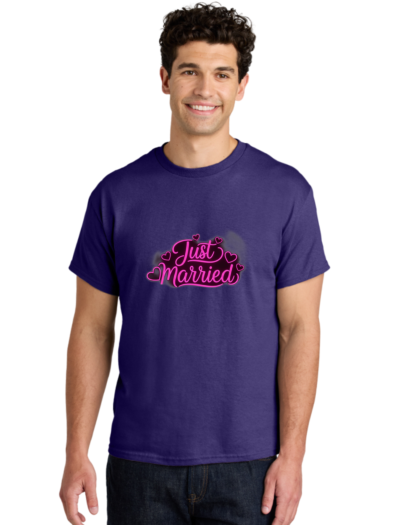 Just-Married Men'S Graphic Tee, 100% Cotton, Comfortable Casual Summer Wear, Machine Washable, Neon Pink Just Married Sign, Cursive Script, Love Hearts, Wedding Decor, Romantic Ambiance, Newlyweds, Love Symbols Baa895