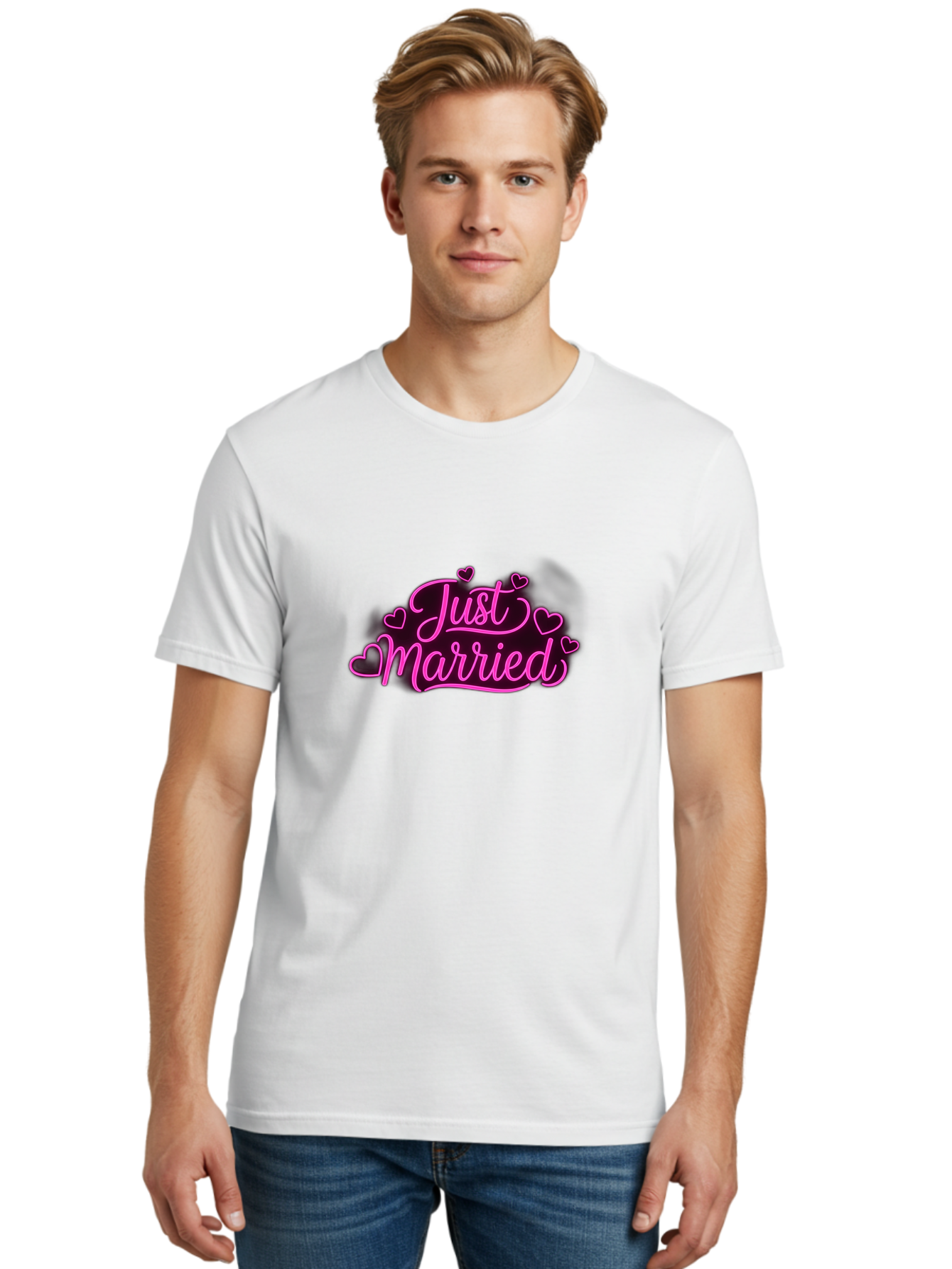 Just-Married Men'S Graphic Tee, 100% Cotton, Comfortable Casual Summer Wear, Machine Washable, Neon Pink Just Married Sign, Cursive Script, Love Hearts, Wedding Decor, Romantic Ambiance, Newlyweds, Love Symbols Baa895