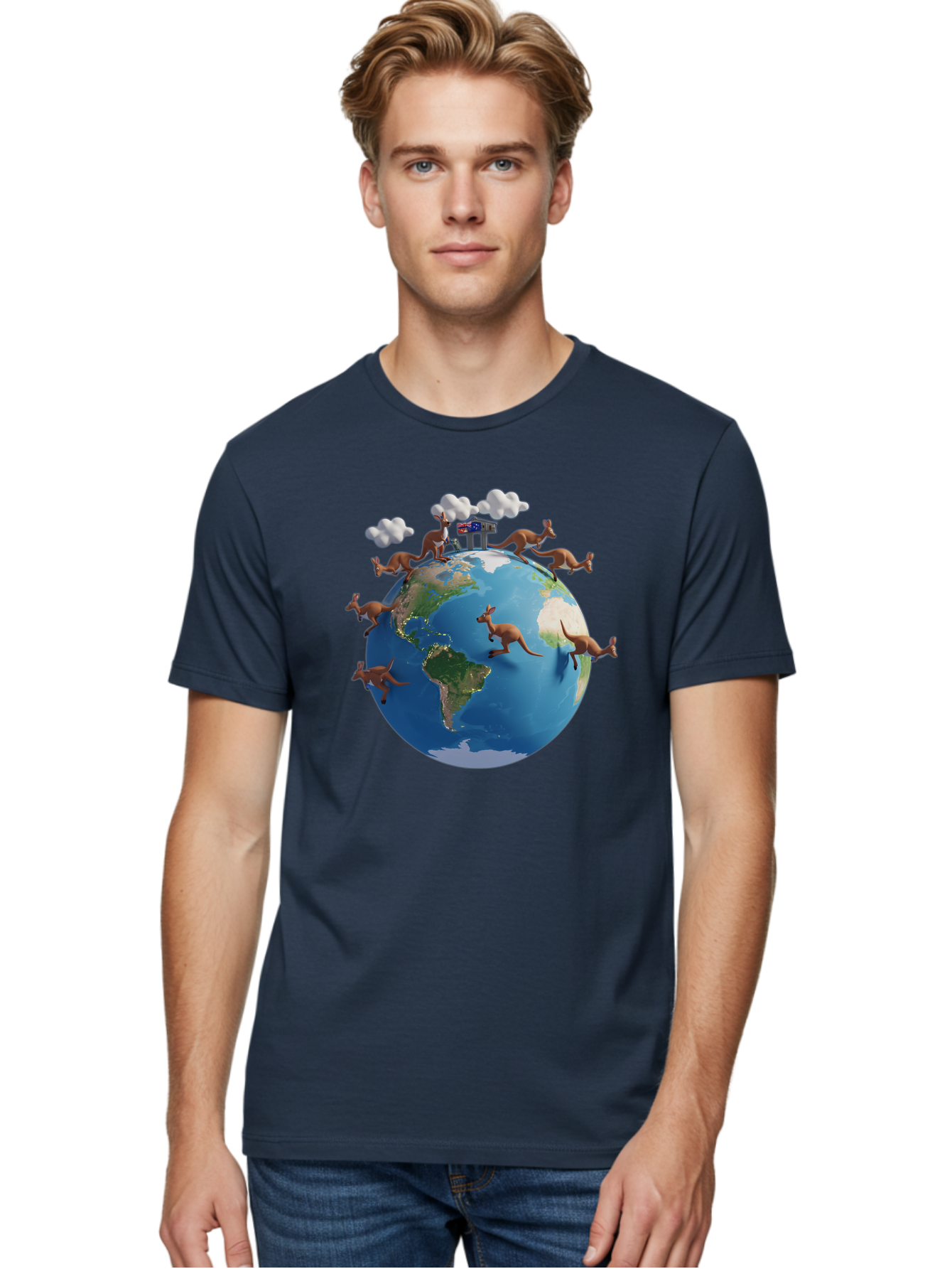 Kangaroos-On-Globe Men'S Graphic Tee, 100% Cotton, Comfortable Casual Summer Wear, Machine Washable, Kangaroos Jumping Around The World, Earth From Space, Global Unity, Playful Wildlife, Marsupials, International Friendship, Africa, Baa897