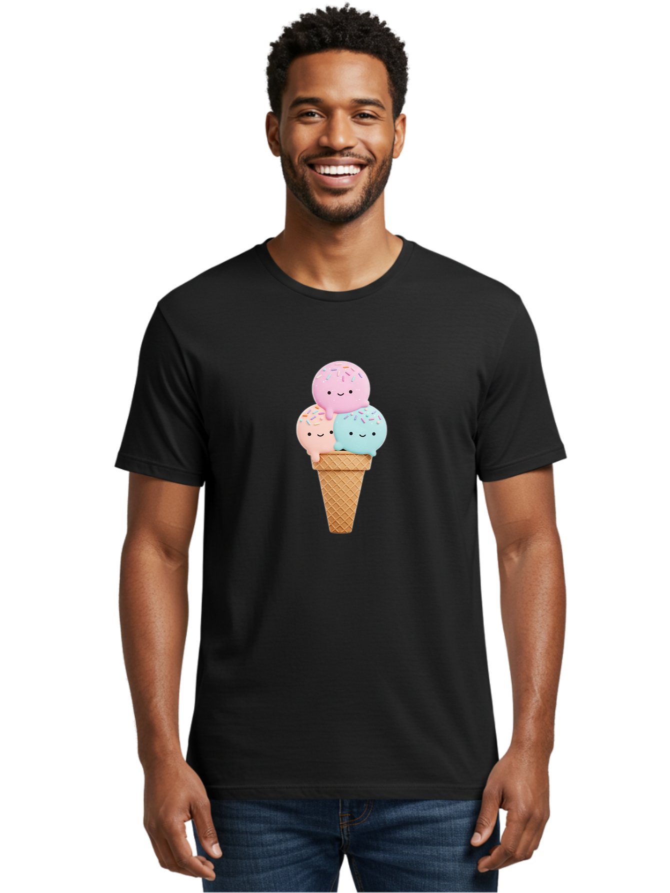 Kawaii-Ice-Cream Men'S Graphic Tee, 100% Cotton, Comfortable Casual Summer Wear, Machine Washable, Ice Cream Cone, Colorful Ice Cream, Cute Cartoon Characters, Pastel Colors, Sprinkles, Smiling Faces, Sweet Treats, Summertime Fun, Baa898