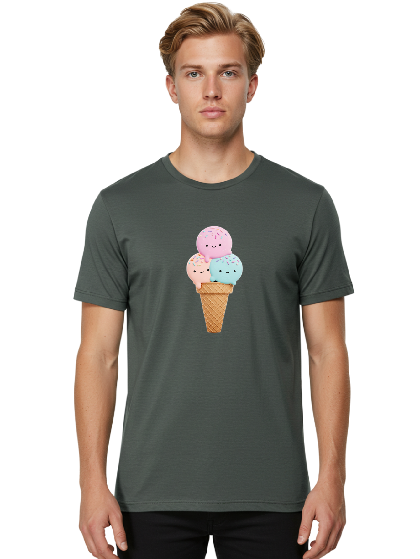 Kawaii-Ice-Cream Men'S Graphic Tee, 100% Cotton, Comfortable Casual Summer Wear, Machine Washable, Ice Cream Cone, Colorful Ice Cream, Cute Cartoon Characters, Pastel Colors, Sprinkles, Smiling Faces, Sweet Treats, Summertime Fun, Baa898