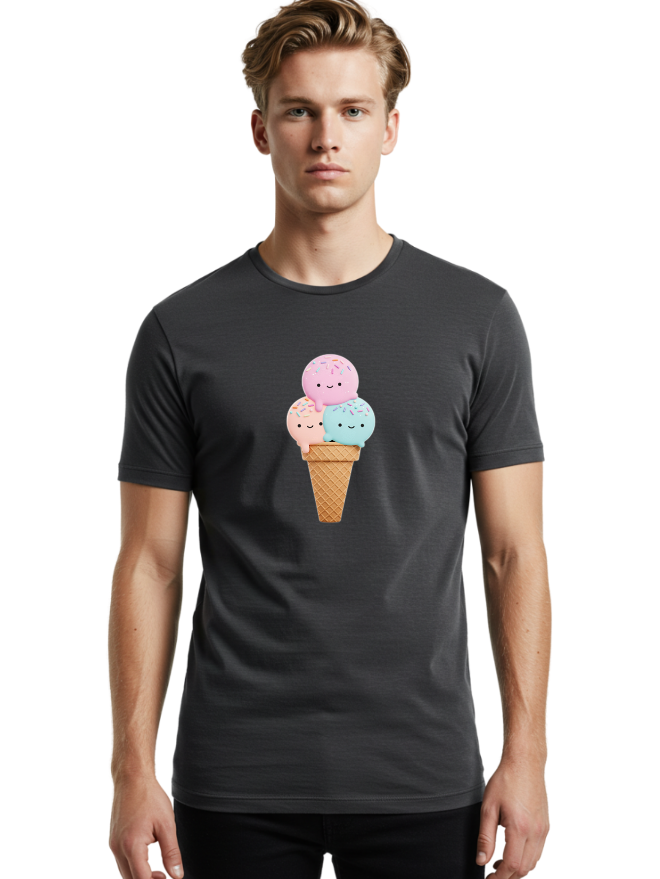 Kawaii-Ice-Cream Men'S Graphic Tee, 100% Cotton, Comfortable Casual Summer Wear, Machine Washable, Ice Cream Cone, Colorful Ice Cream, Cute Cartoon Characters, Pastel Colors, Sprinkles, Smiling Faces, Sweet Treats, Summertime Fun, Baa898