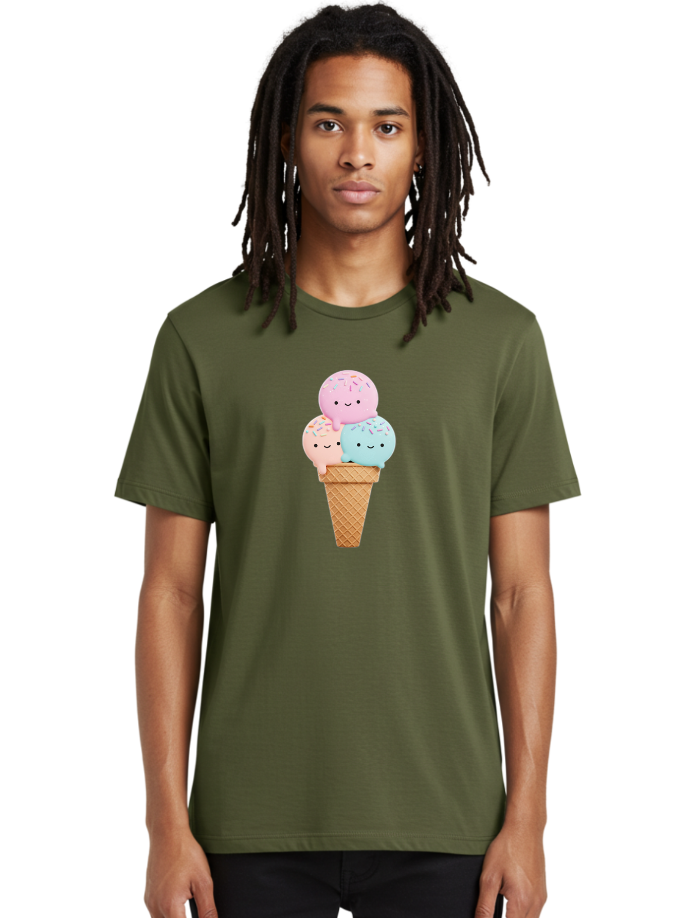 Kawaii-Ice-Cream Men'S Graphic Tee, 100% Cotton, Comfortable Casual Summer Wear, Machine Washable, Ice Cream Cone, Colorful Ice Cream, Cute Cartoon Characters, Pastel Colors, Sprinkles, Smiling Faces, Sweet Treats, Summertime Fun, Baa898