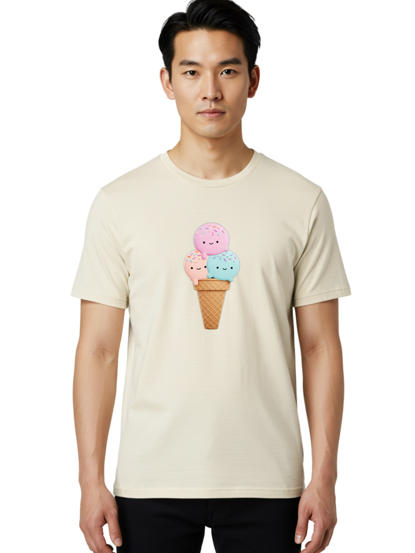 Kawaii-Ice-Cream Men'S Graphic Tee, 100% Cotton, Comfortable Casual Summer Wear, Machine Washable, Ice Cream Cone, Colorful Ice Cream, Cute Cartoon Characters, Pastel Colors, Sprinkles, Smiling Faces, Sweet Treats, Summertime Fun, Baa898