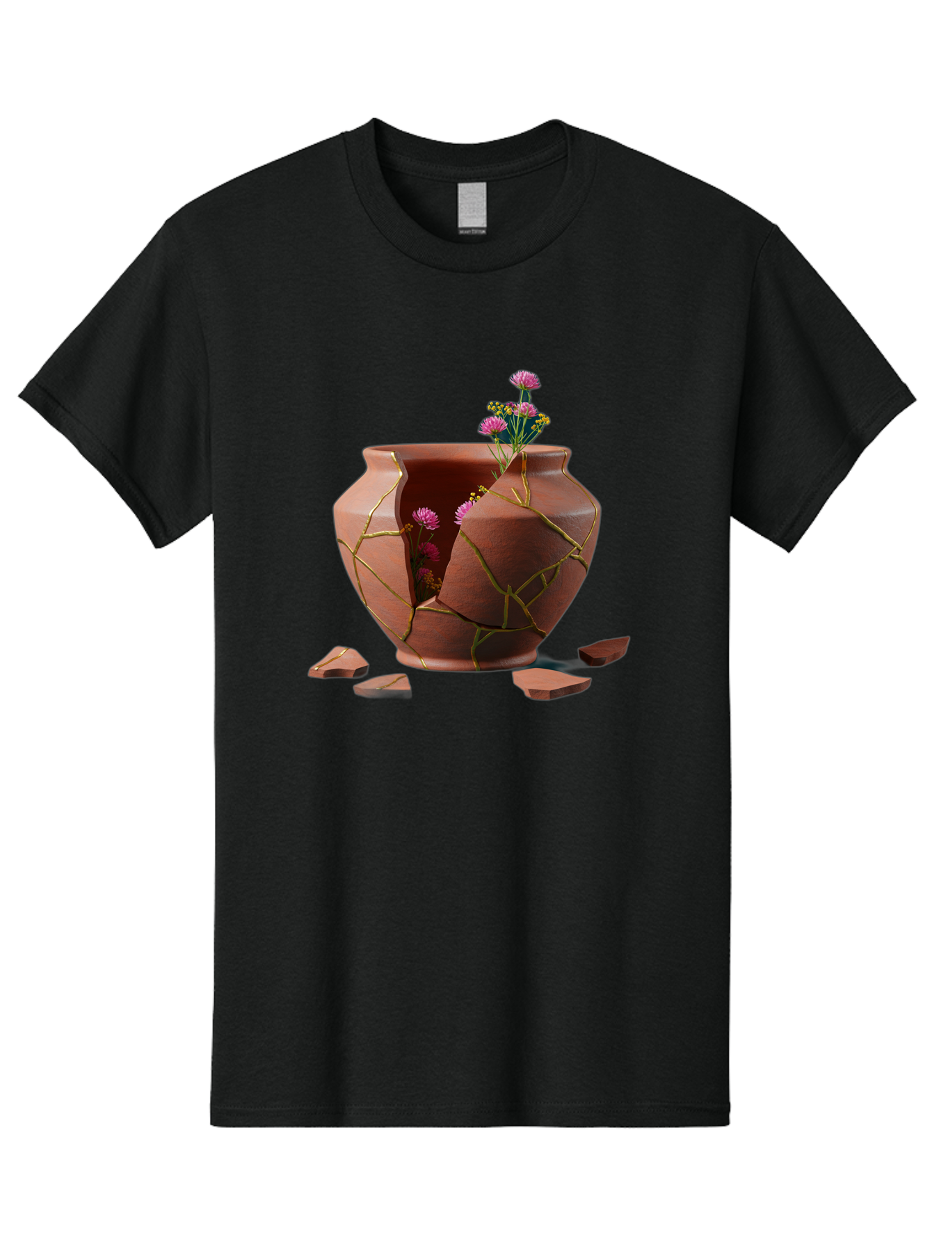 Kintsugi-Pot Men'S Graphic Tee, 100% Cotton, Comfortable Casual Summer Wear, Machine Washable, Repaired Vase, Broken Pottery, Gold Cracks, Pink Flowers, Kintsugi Art, Traditional Japanese Repair, Broken And Mended, Clay Pot, Vibrant Blooms, Baa900