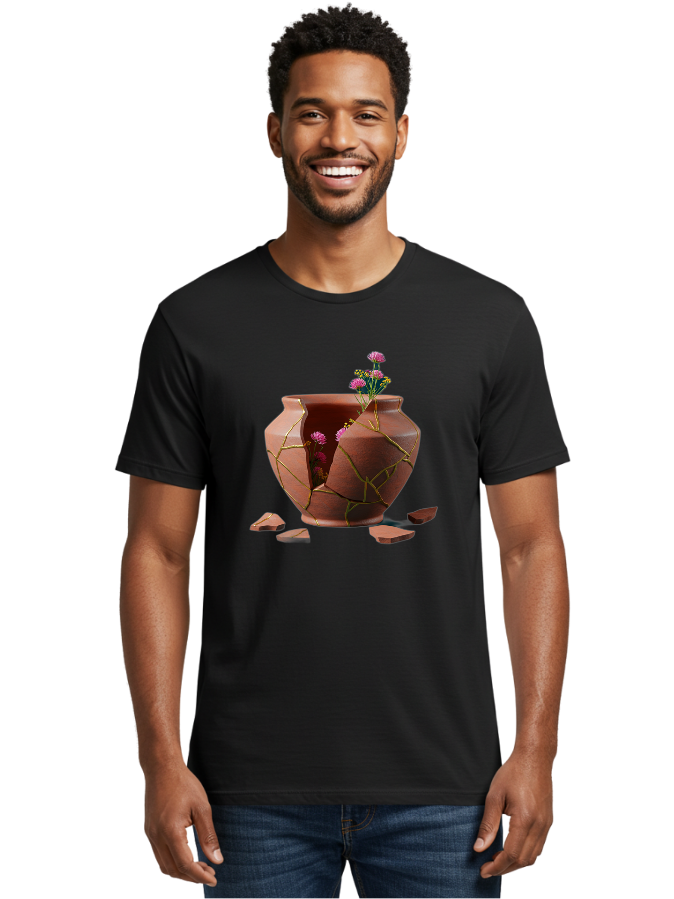 Kintsugi-Pot Men'S Graphic Tee, 100% Cotton, Comfortable Casual Summer Wear, Machine Washable, Repaired Vase, Broken Pottery, Gold Cracks, Pink Flowers, Kintsugi Art, Traditional Japanese Repair, Broken And Mended, Clay Pot, Vibrant Blooms, Baa900