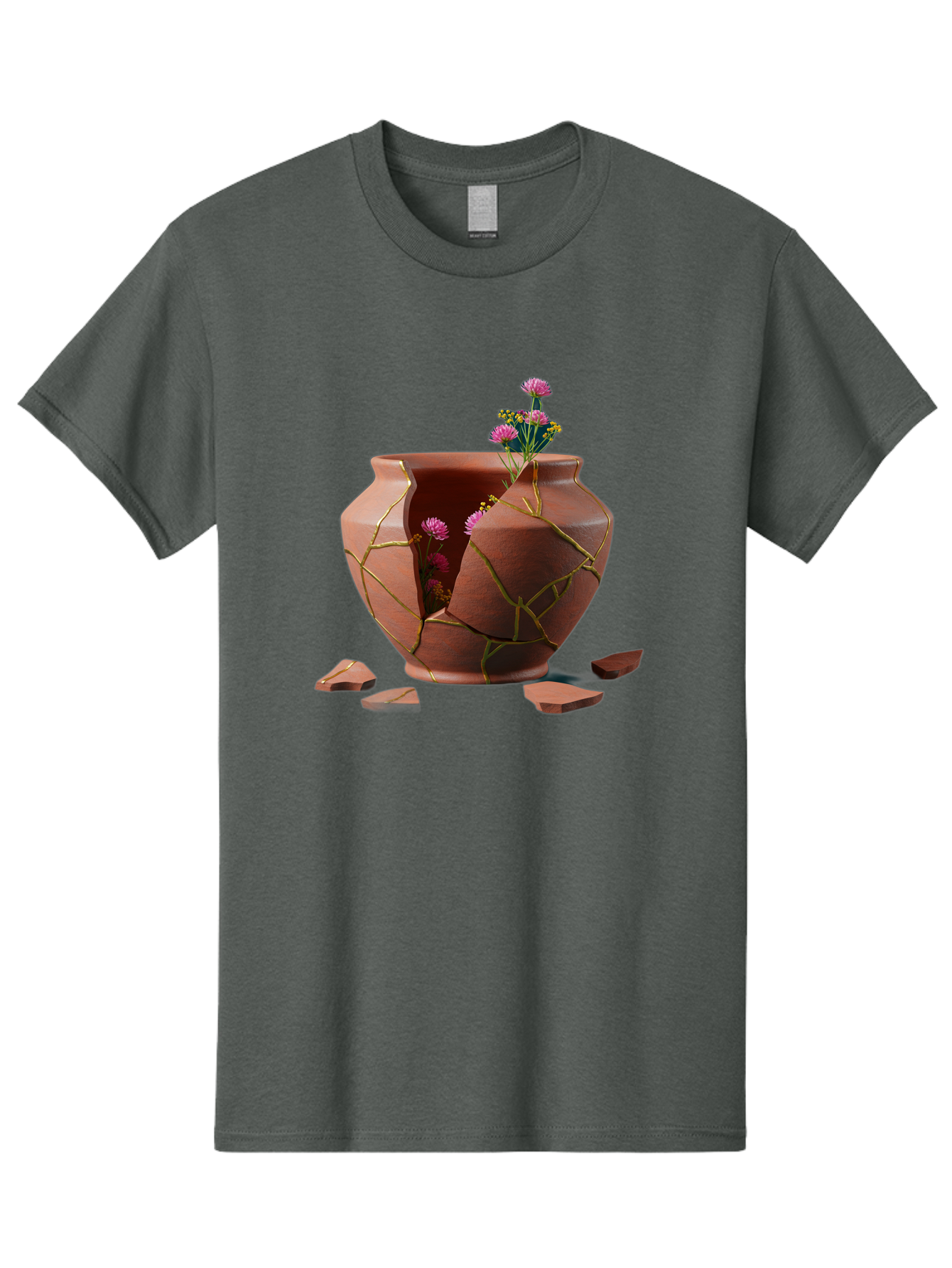 Kintsugi-Pot Men'S Graphic Tee, 100% Cotton, Comfortable Casual Summer Wear, Machine Washable, Repaired Vase, Broken Pottery, Gold Cracks, Pink Flowers, Kintsugi Art, Traditional Japanese Repair, Broken And Mended, Clay Pot, Vibrant Blooms, Baa900
